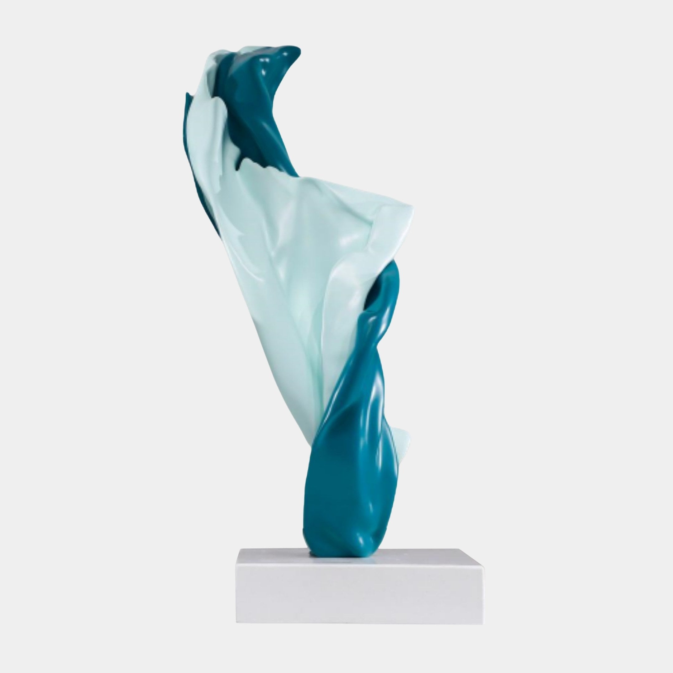 Giant Sculptures Teal Abstract Flowing Figures Trio Sculpture in glossy teal and white 3D-printed resin, twisting upward on a white marble base.