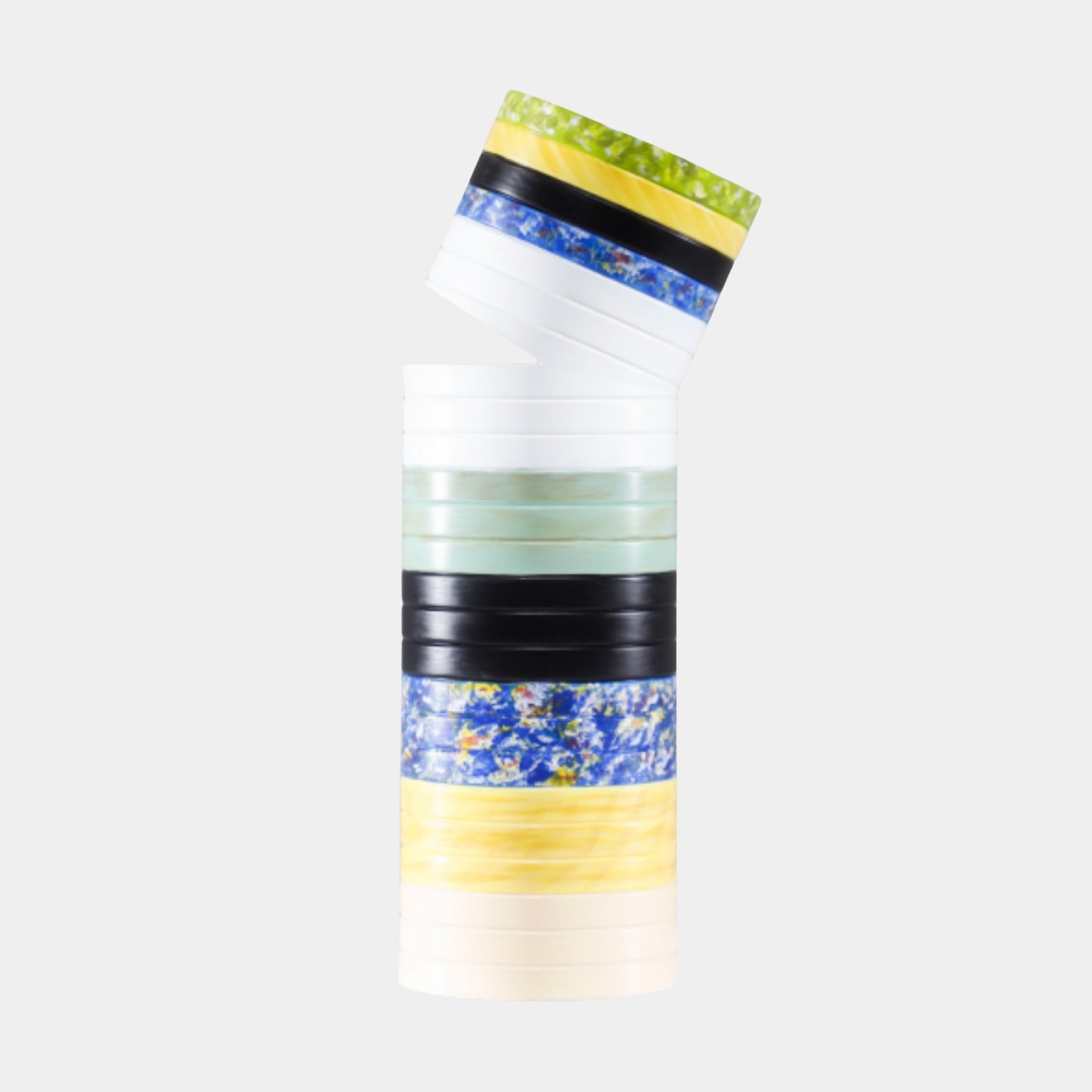 Giant Sculptures Multi-Colour Stacked Cylindrical Vessels 32cm in glossy 3D-printed resin with yellow, blue, black, mint, white and cream bands, on a white background.
