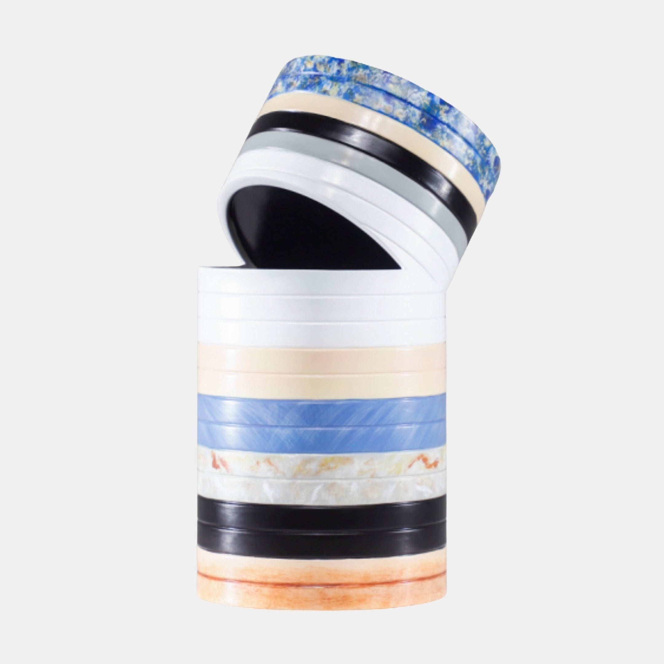 Multi-Colour Striped Cylindrical Vessels 30cm by Giant Sculptures, a 3D-printed resin pair with speckled blue, cream, black, periwinkle, marble and terracotta bands.