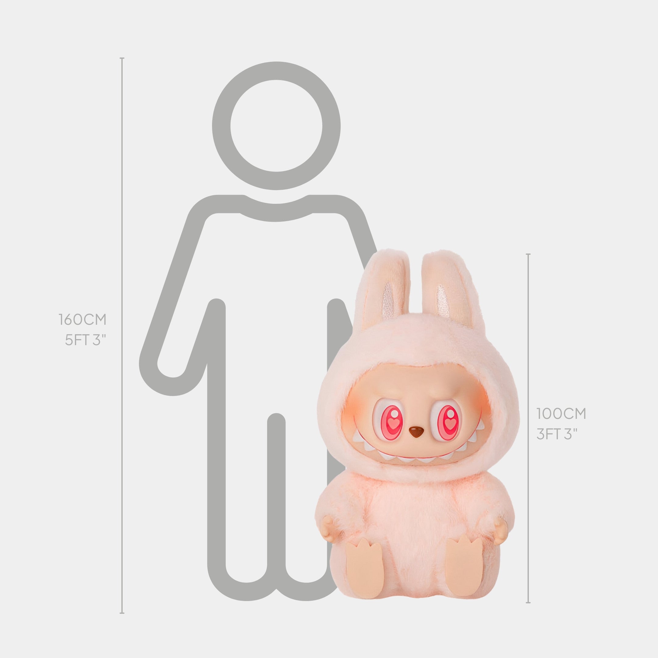 The Giant Sculptures Fluffy Monsters Blush Love Labubu Sculpture (100cm) features bunny ears and big pink eyes, shown next to a 160 cm person for size. Ideal for pastel decor, this plush adds a cute touch to any space.