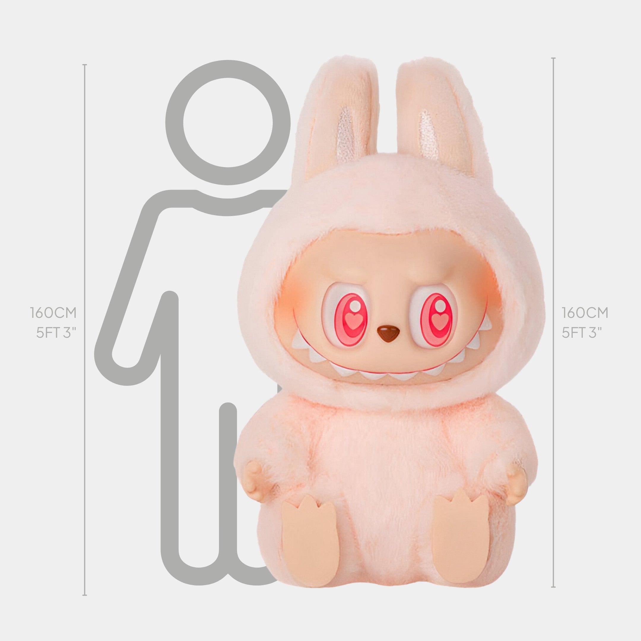 The Giant Sculptures Fluffy Monsters Blush Love Labubu Sculpture stands 160cm (53) tall, featuring pink heart-shaped pupils, bunny ears, and a round face—shown next to a human silhouette for scale.