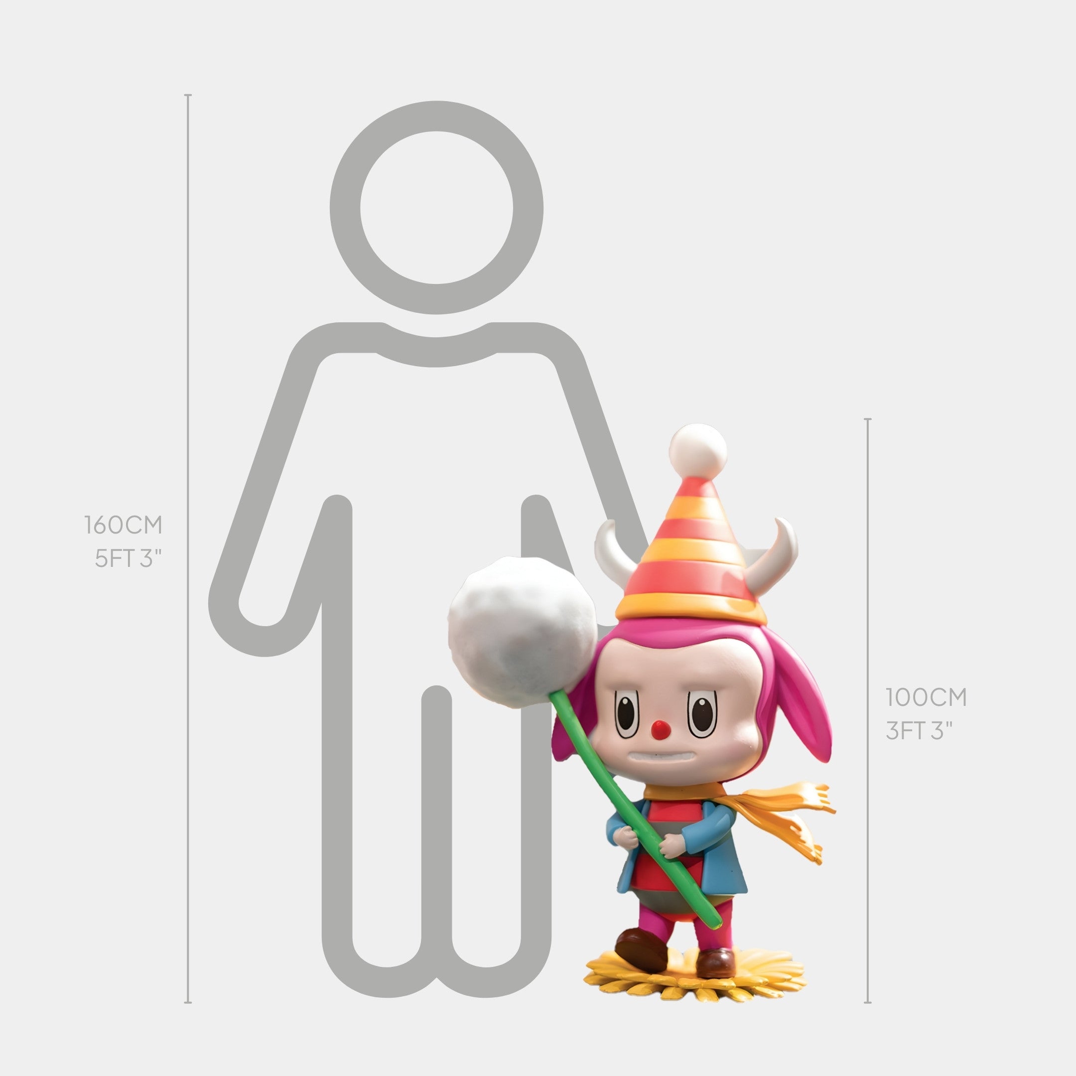 The Giant Sculptures Flower Elves Dandelion Labubu Sculpture (100cm) features a whimsical character in a party hat with a large lollipop, standing next to a height chart and a 160 cm human outline—a charming botanical statement piece.