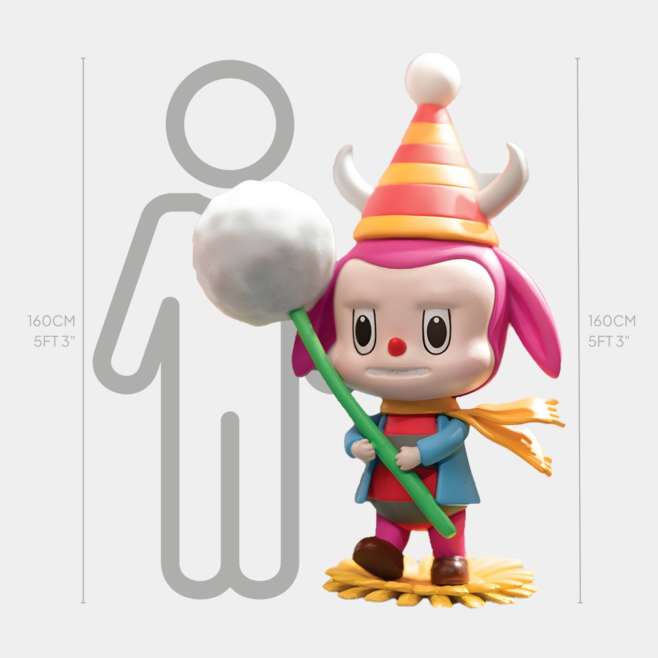 The Flower Elves Dandelion Labubu Sculpture by Giant Sculptures is a whimsical, life-size (160cm) cartoon figure in a party hat and scarf holding a large lollipop, shown next to a human outline for scale.