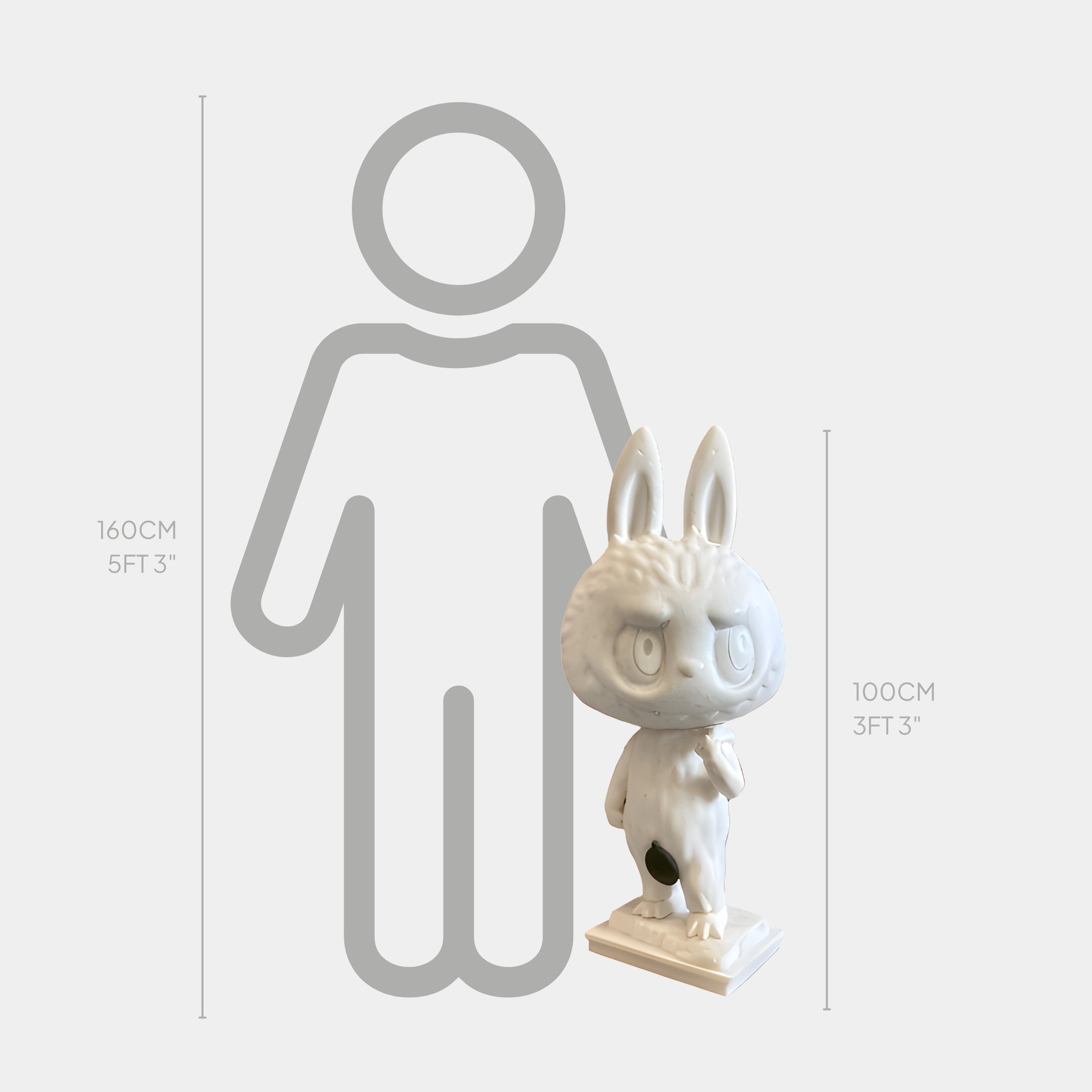 The Art History David Labubu Sculpture by Giant Sculptures stands 100 cm tall, shown here in white before a grey outline of a 160 cm person, emphasizing its impressive height and contemporary character design.