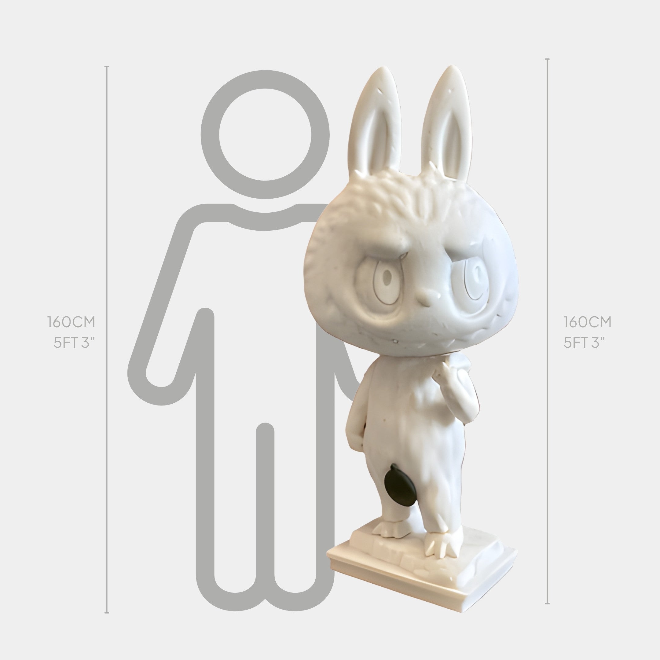 The Art History David Labubu Sculpture by Giant Sculptures is a nearly life-sized 160cm contemporary fibreglass figure, depicting a standing rabbit with large eyes and upright ears, shown for scale next to a 160 cm (5 ft 3 in) human outline.