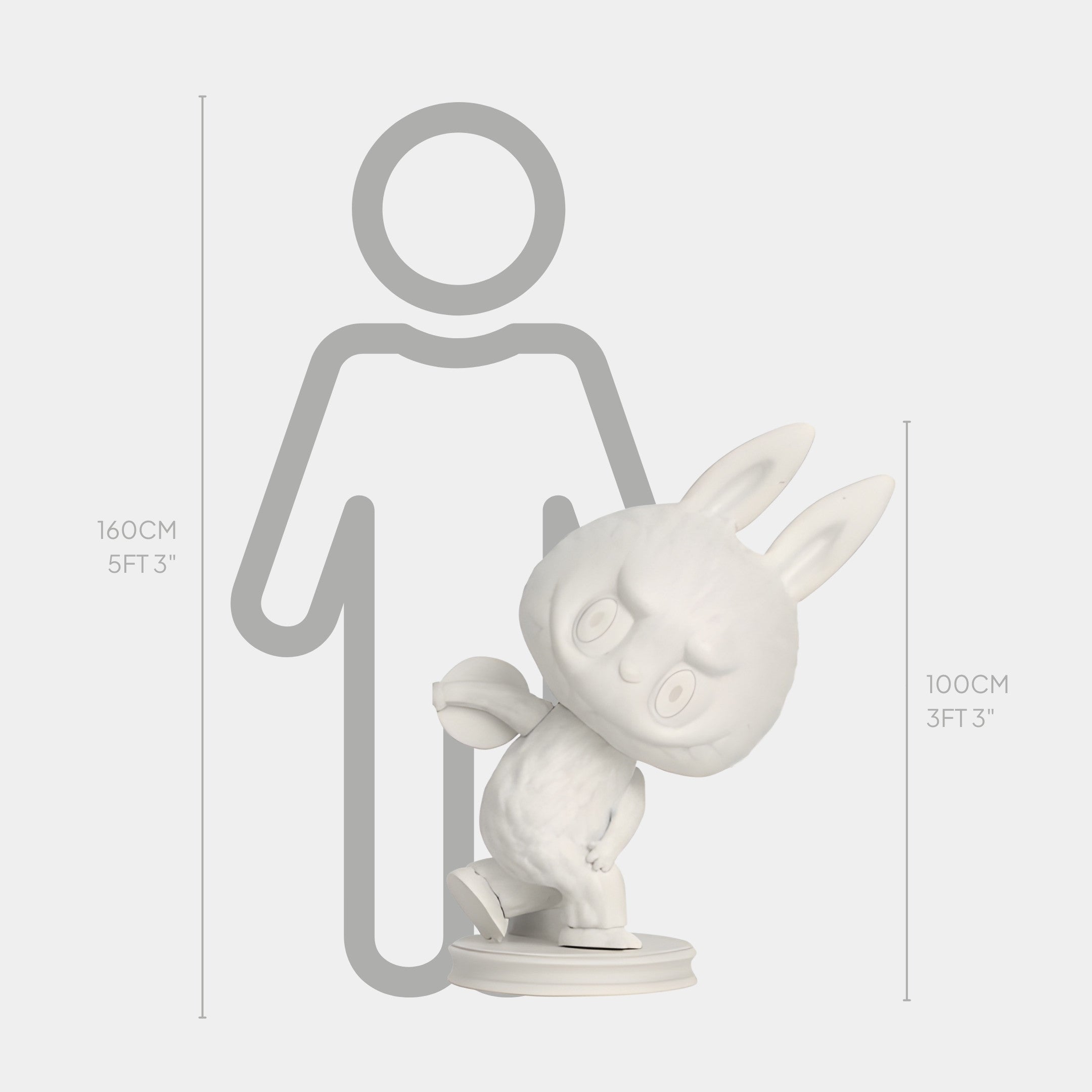 The Giant Sculptures Art History Discus Thrower Labubu Sculpture stands 100 cm (3 ft 3 in) tall, shown in front of a 160 cm (5 ft 3 in) human silhouette for scale.