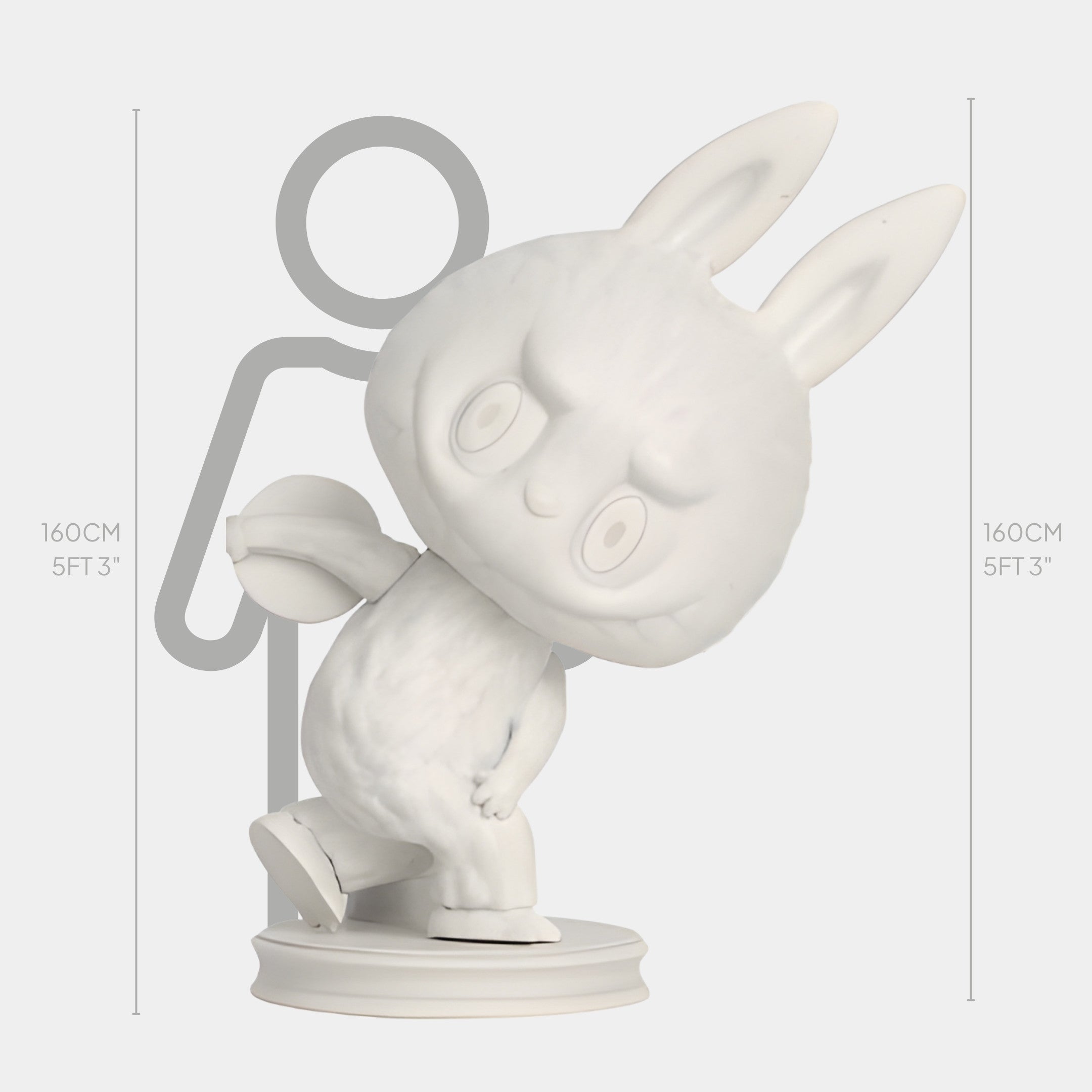 The Giant Sculptures Art History Discus Thrower Labubu Sculpture stands 160cm tall with big ears and round eyes, shown beside a gray human outline of the same height for scale, evoking classical proportions.