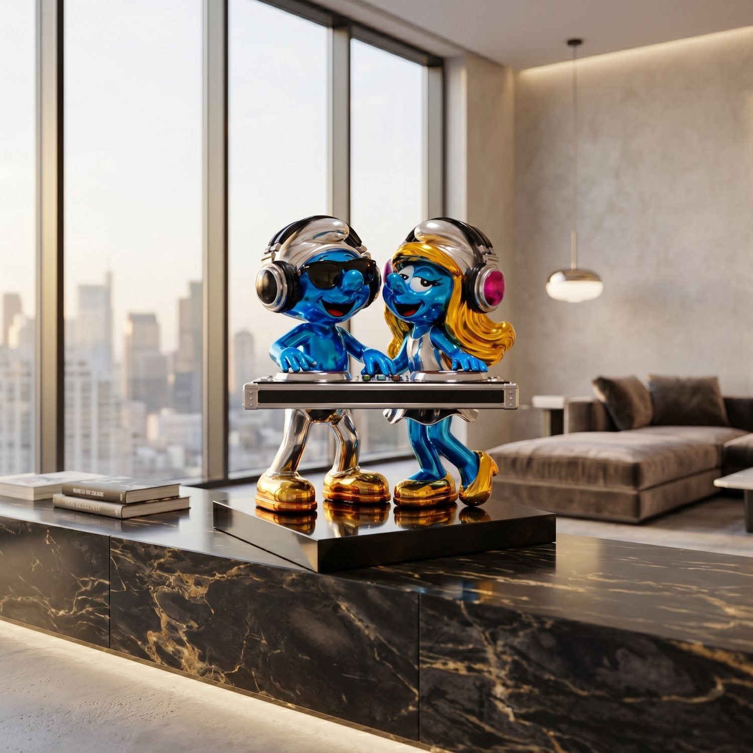 Two shiny, metallic blue DJ Smurf Decks Standing Sculptures (50cm) by Giant Sculptures stand behind a DJ table in a luxurious modern apartment with large windows and a city view.