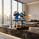 Two shiny, metallic blue DJ Smurf Decks Standing Sculptures (50cm) by Giant Sculptures stand behind a DJ table in a luxurious modern apartment with large windows and a city view.