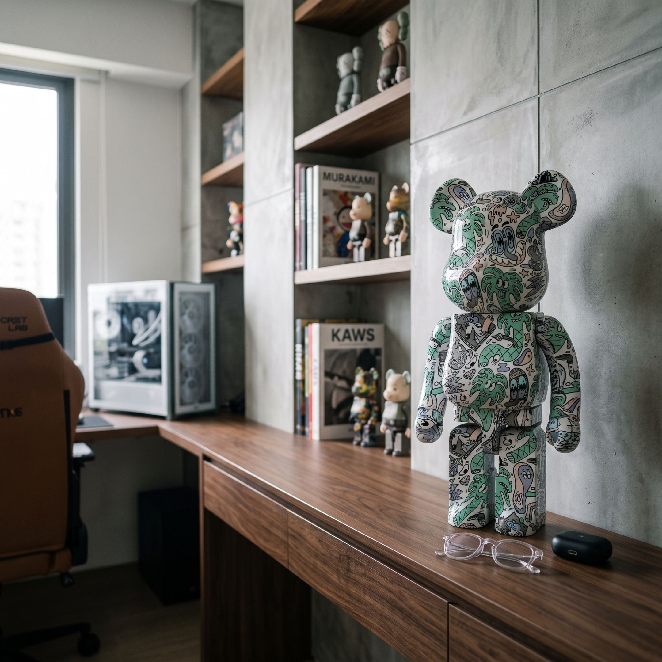 Doodle Print Bear Sculpture, 70cm, standing resin bear covered in green, black and white doodle graphics, displayed on a wooden desk beside collectible figurines and books.