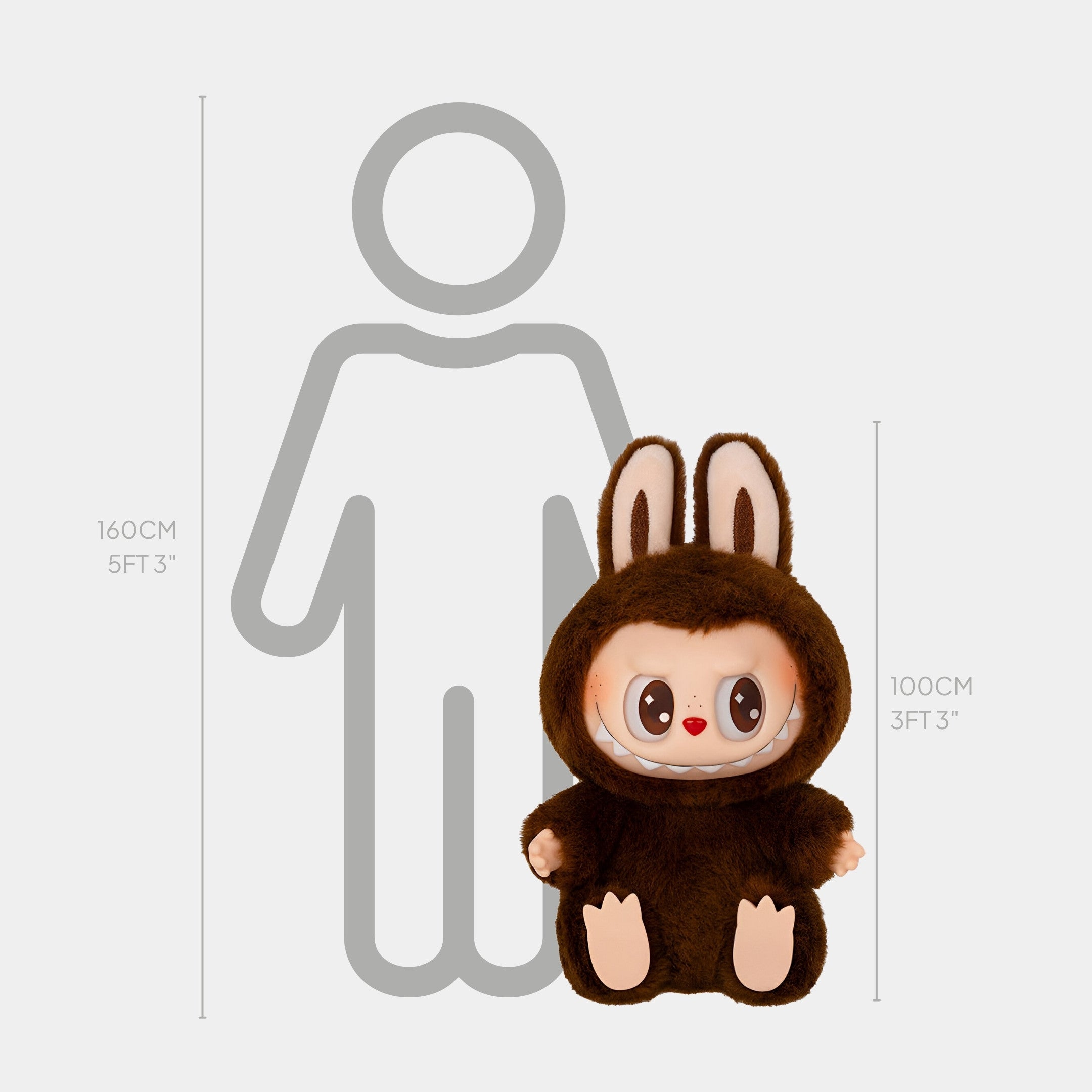 Standing next to a 160 cm (5 ft 3 in) person, the Giant Sculptures Fluffy Monsters Classic Brown Labubu Sculpture stands tall at 100 cm (3 ft 3 in), showcasing its impressive, plush-inspired design.