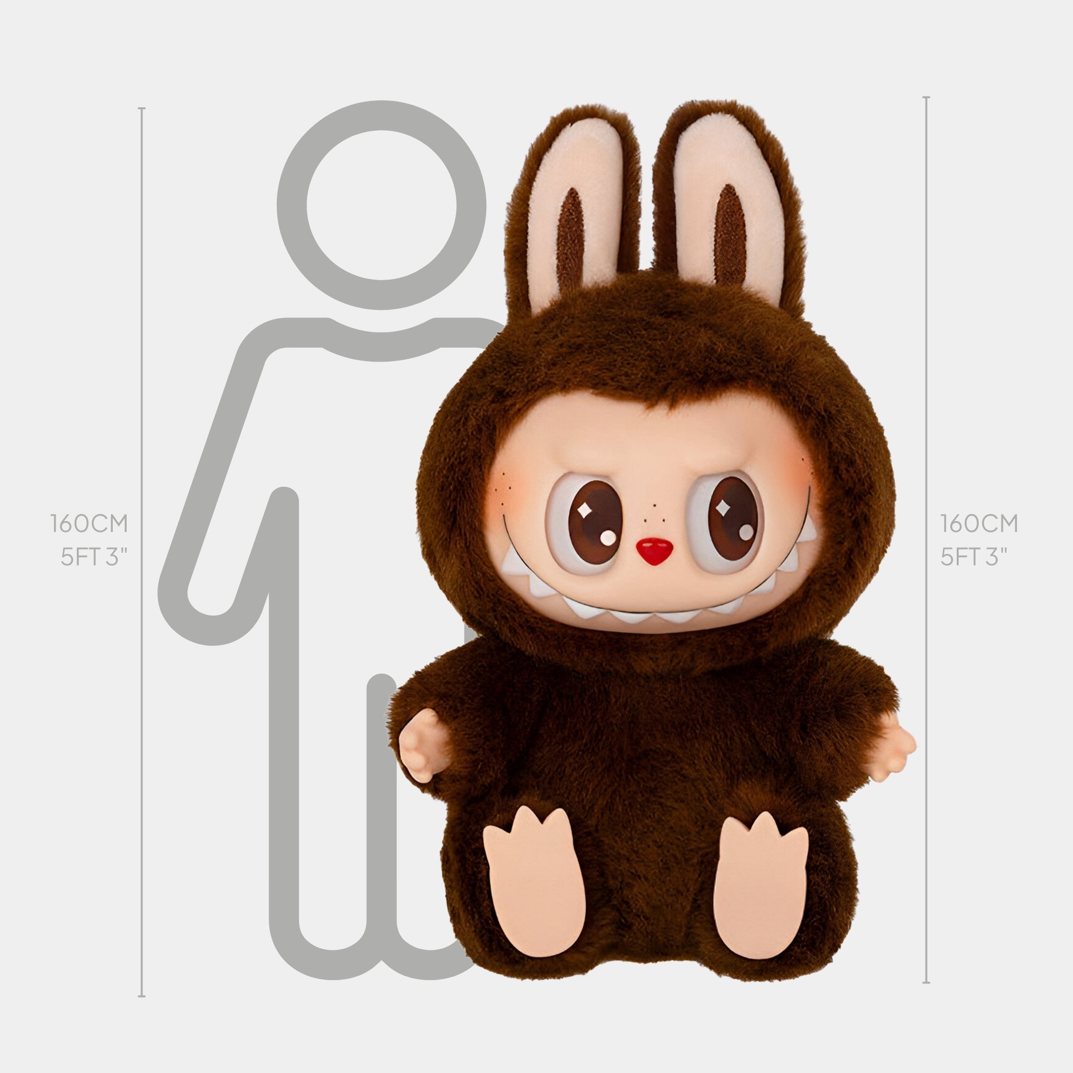 The Giant Sculptures Fluffy Monsters Classic Brown Labubu Sculpture stands 160cm tall, shown next to a human outline and height chart—ideal for fans of cute plush toys and collectible character figures.