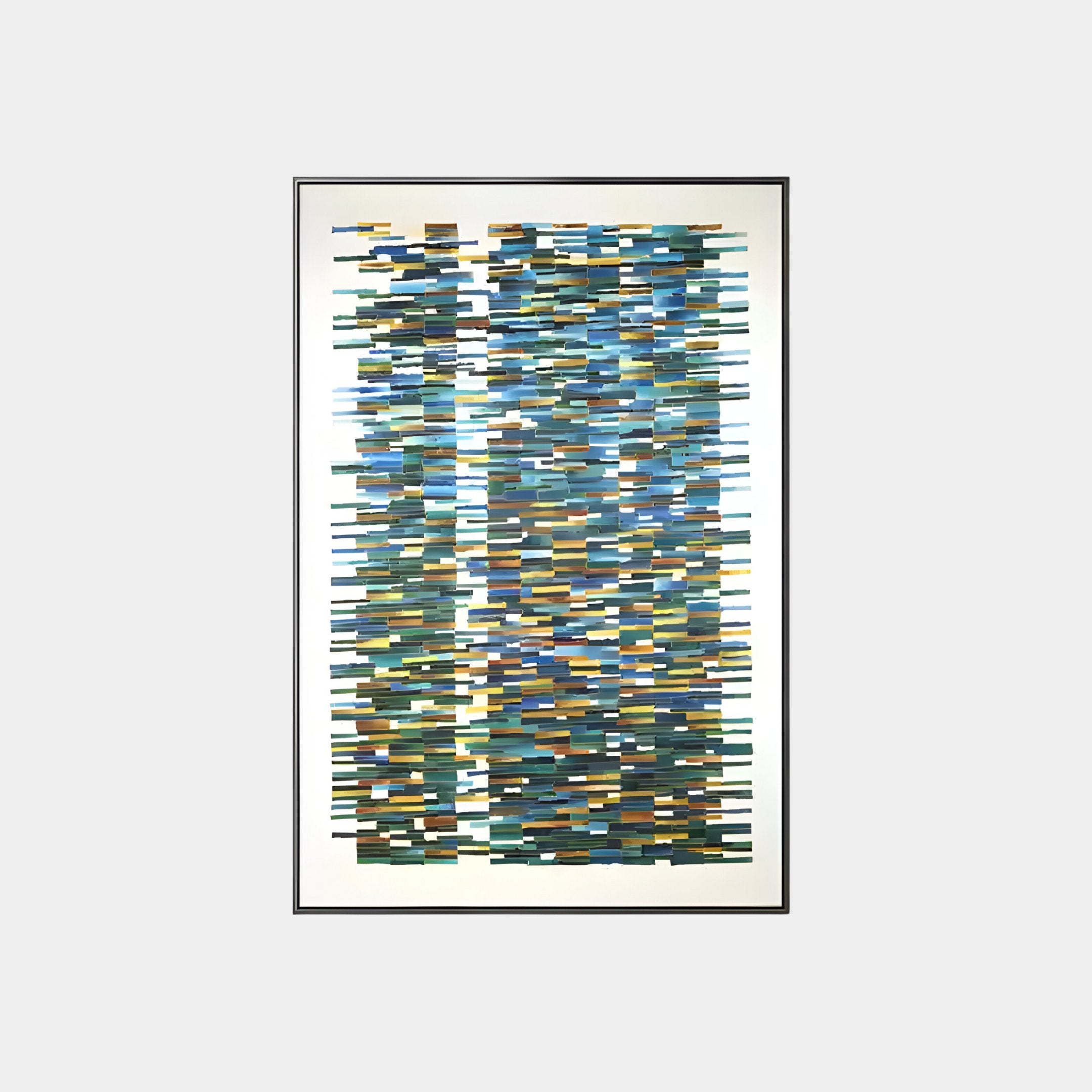 The Timewave Multicoloured Abstract Lines Enamel Wall Art by Giant Sculptures is a framed piece with overlapping rectangular shapes in shades of blue, green, and brown, forming vertical columns on a white background.