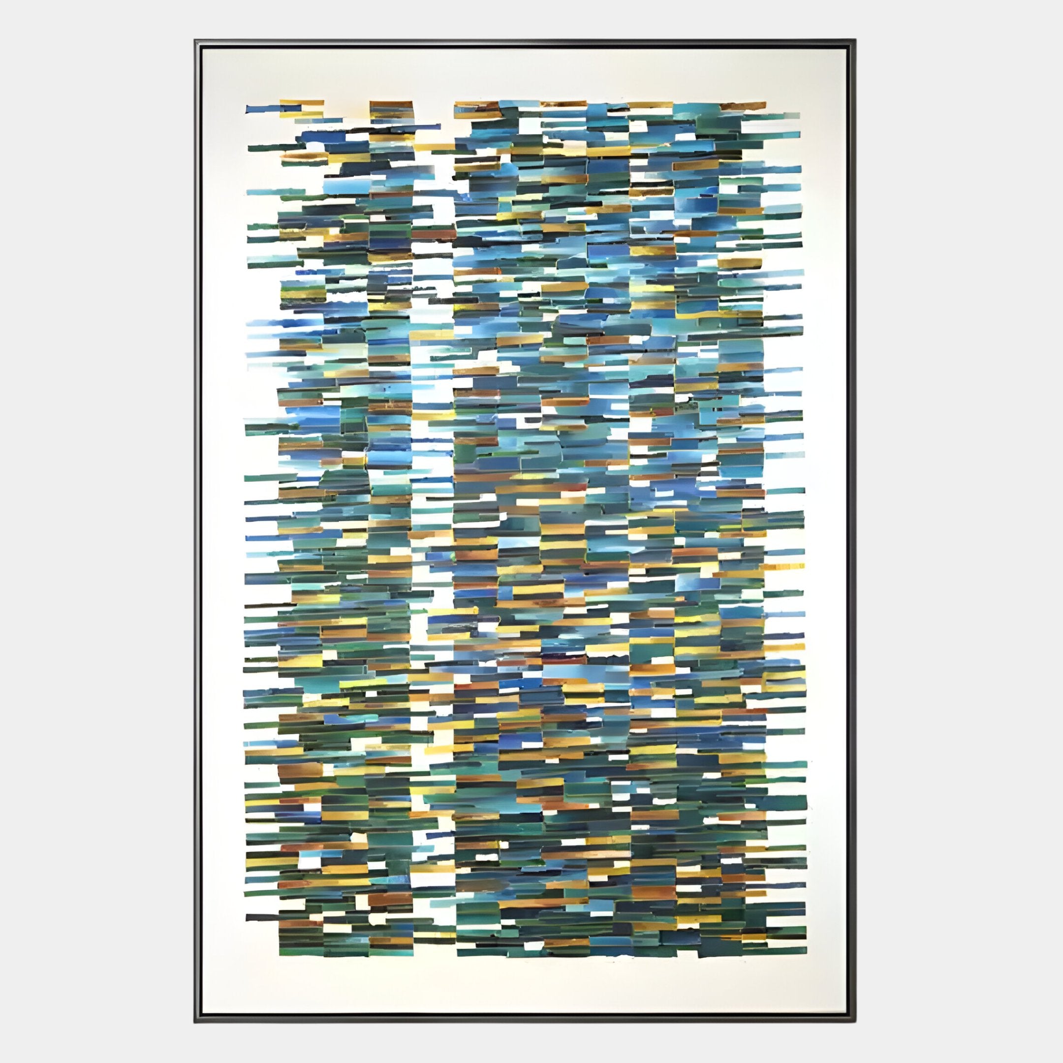 The Timewave Multicoloured Abstract Lines Enamel Wall Art by Giant Sculptures features blue, green, brown, and gold enamel strips on white in a black frame for a modern, luxurious touch.