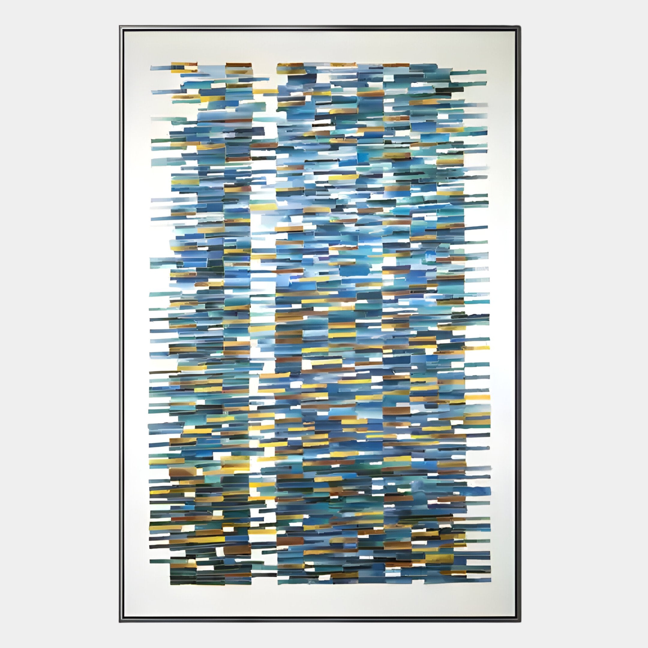The Timewave Vibrant Geometric Patterned Enamel Wall Art by Giant Sculptures features layered blue, green, yellow, and brown strips in vertical columns on white, framed with a thin black border—ideal for modern spaces.