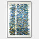 The Timewave Vibrant Geometric Patterned Enamel Wall Art by Giant Sculptures features layered blue, green, yellow, and brown strips in vertical columns on white, framed with a thin black border—ideal for modern spaces.