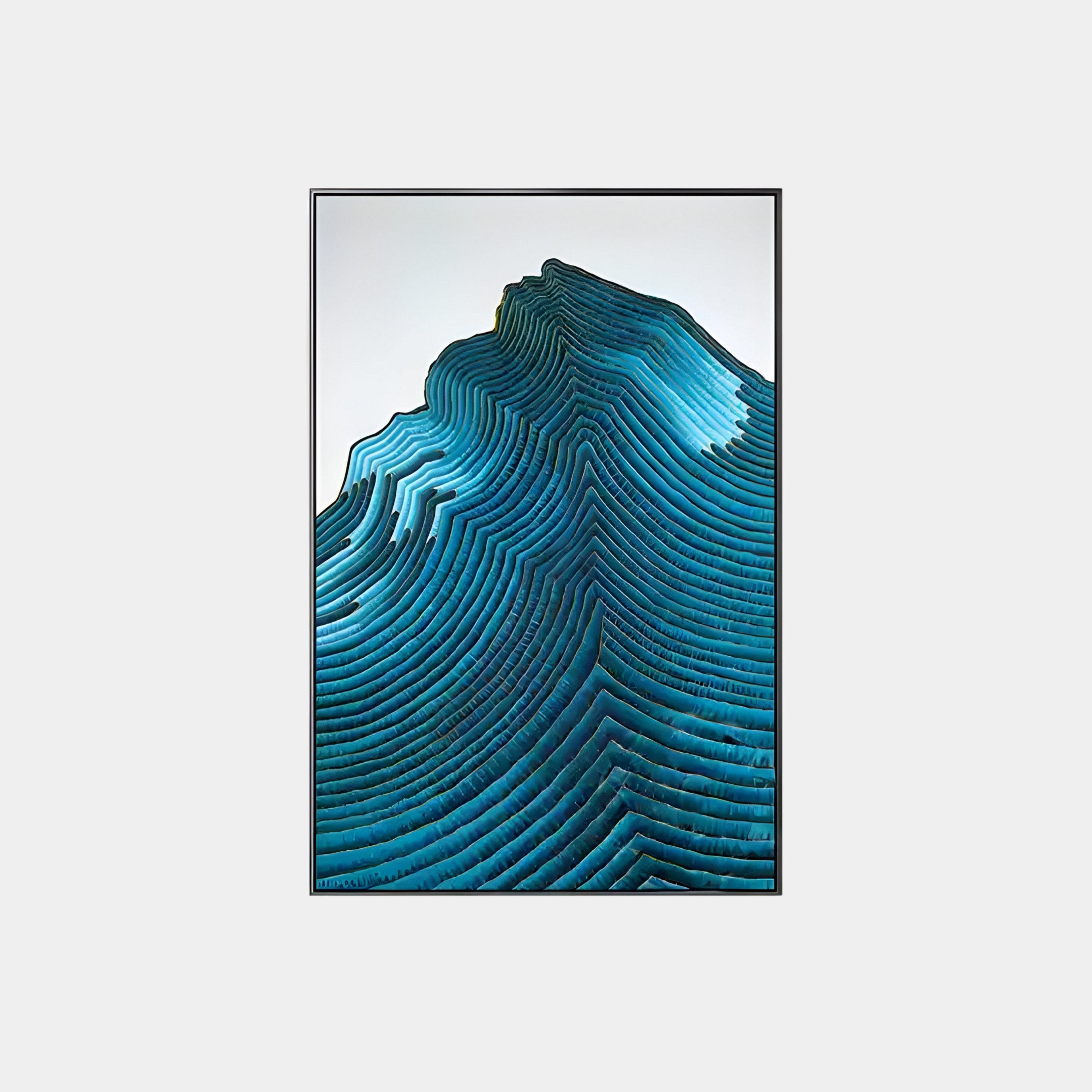 The Ripplewave I Abstract Blue Decorative Enamel Wall Art by Giant Sculptures features vertical artwork with layered turquoise contours resembling topographical maps, creating a wave-like effect. Ideal for modern interiors, its framed with a simple black border.