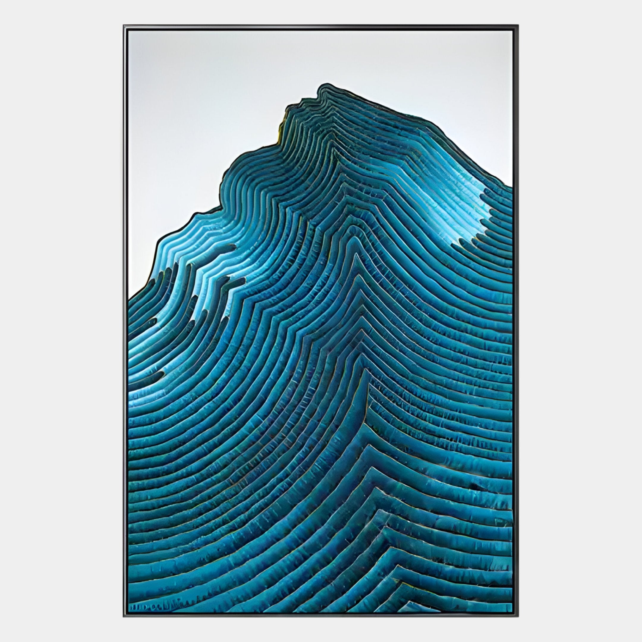 Ripplewave I Abstract Blue Decorative Enamel Wall Art by Giant Sculptures showcases layered blue and teal ridges forming a mountain-like design—ideal as modern wall decor for stylish interiors.