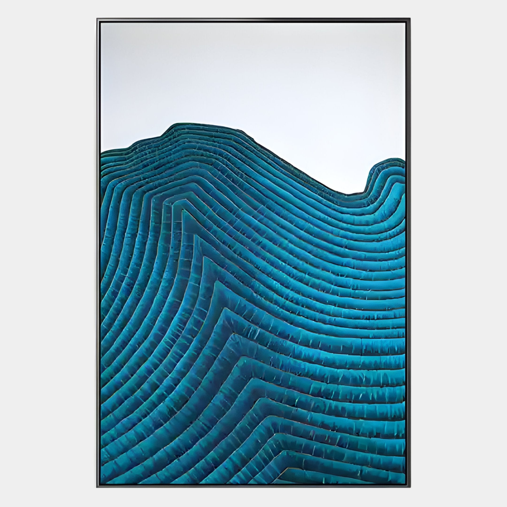 The Ripplewave II Abstract Blue Decorative Enamel Wall Art by Giant Sculptures features layered, wavy blue forms on a minimalist background, evoking modern luxury with its textured, fluid curves.