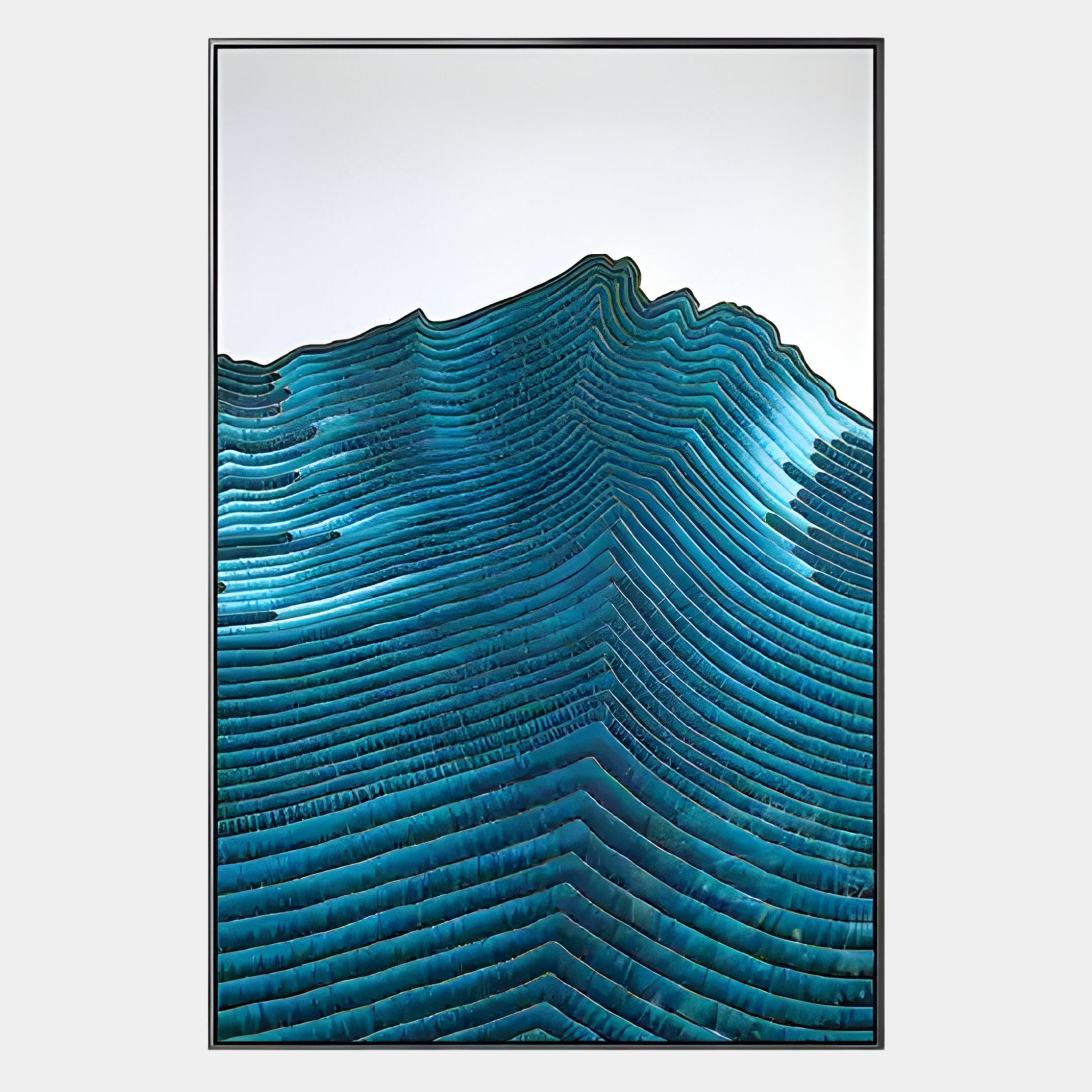 Ripplewave III Abstract Blue Decorative Enamel Wall Art by Giant Sculptures features layered wavy blue lines in a mountain-like design on white, exuding depth and texture, elegantly framed with a slim black border.