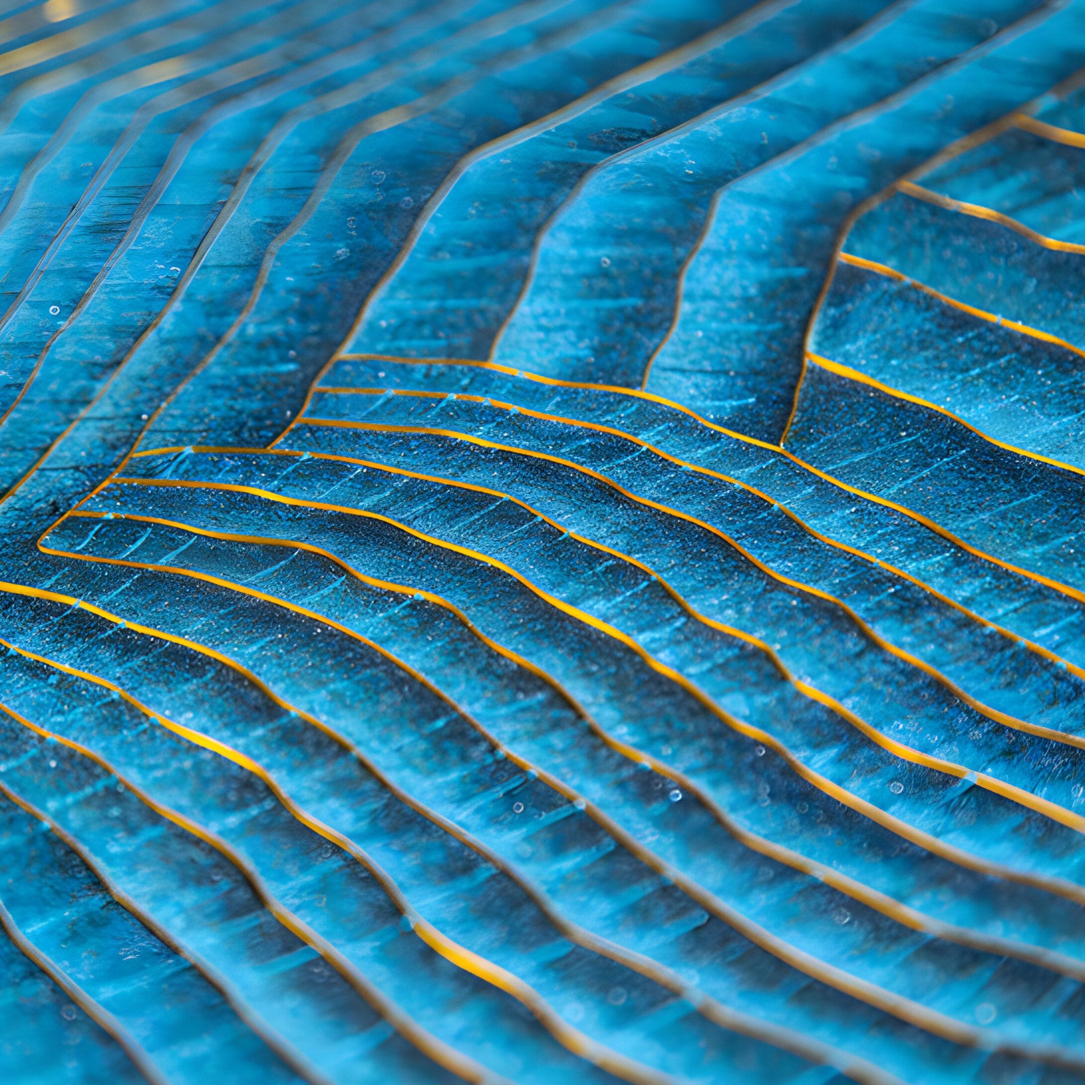 A close-up of a vibrant blue leaf with yellow veins forms a wave-like design, reminiscent of Giant Sculptures Ripplewave IV Abstract Blue Decorative Enamel Wall Art, enhancing natural beauty and complexity for contemporary interiors.