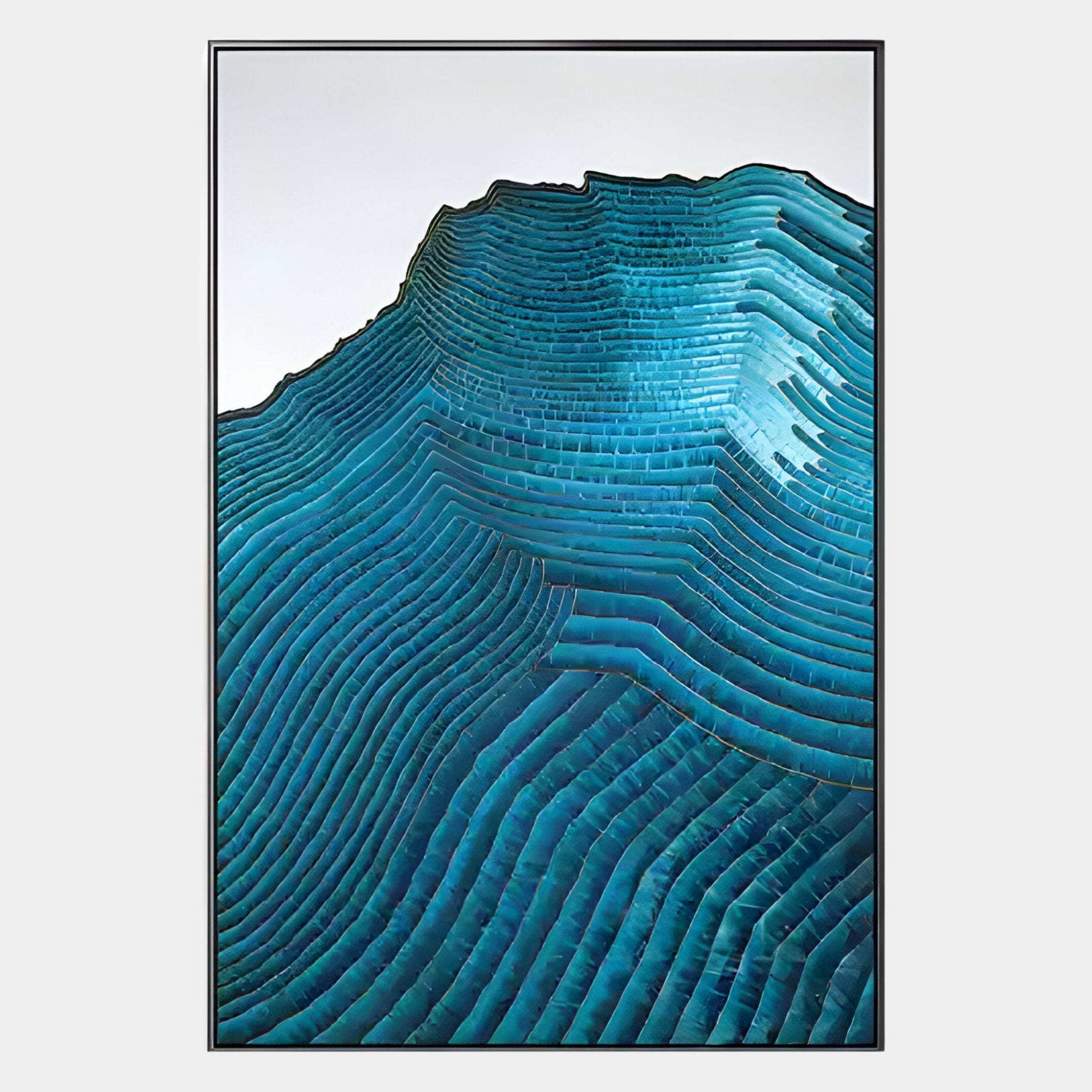 Ripplewave IV Abstract Blue Decorative Enamel Wall Art by Giant Sculptures features layered, wave-like turquoise and teal contours resembling topographic lines, with a glossy finish on a light background for a modern look.