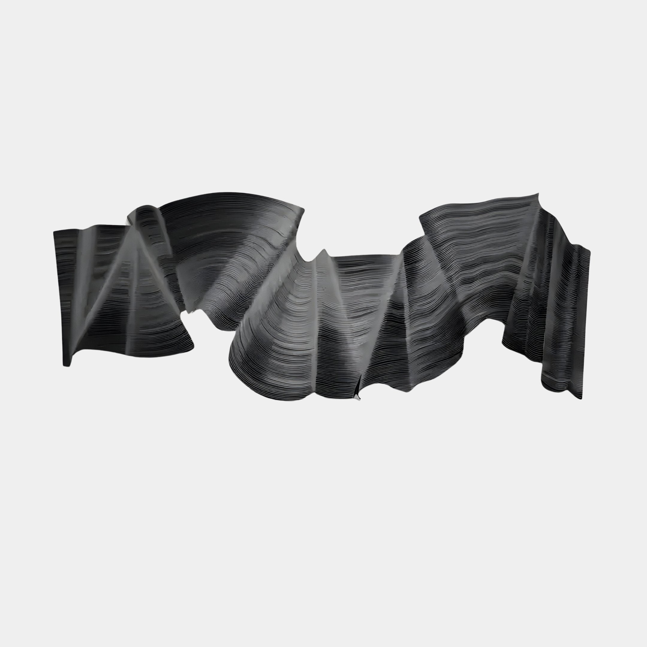 The Rollscape Charcoal Flow Enamel Decorative Wall Art by Giant Sculptures features fluid, ribbon-like black forms on a light grey background, evoking a sense of movement and depth reminiscent of modern craftsmanship decor.