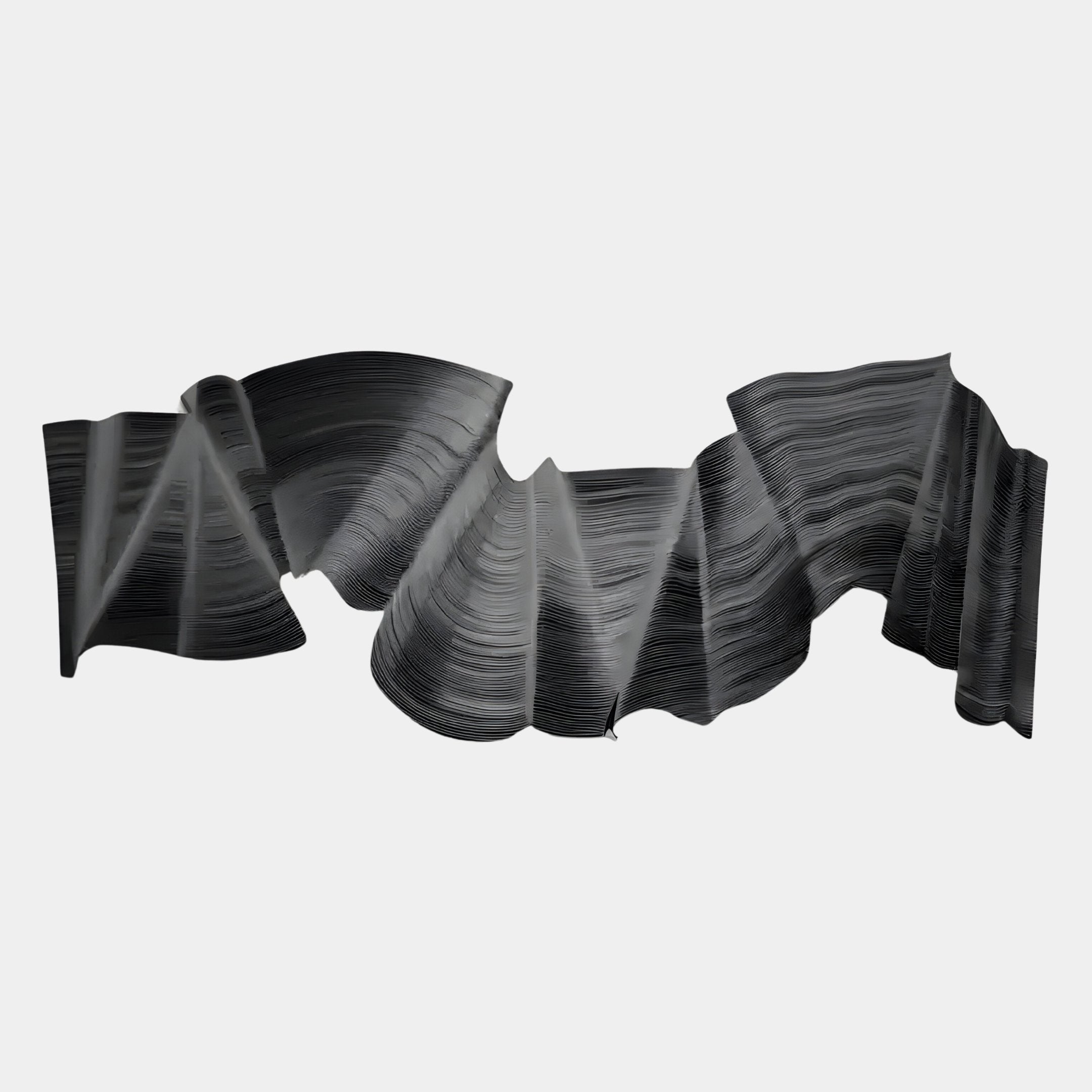 The Rollscape Charcoal Flow Enamel Decorative Wall Art by Giant Sculptures features smooth, wavy black and gray shapes on white, creating a modern look reminiscent of layered paper or fabric.