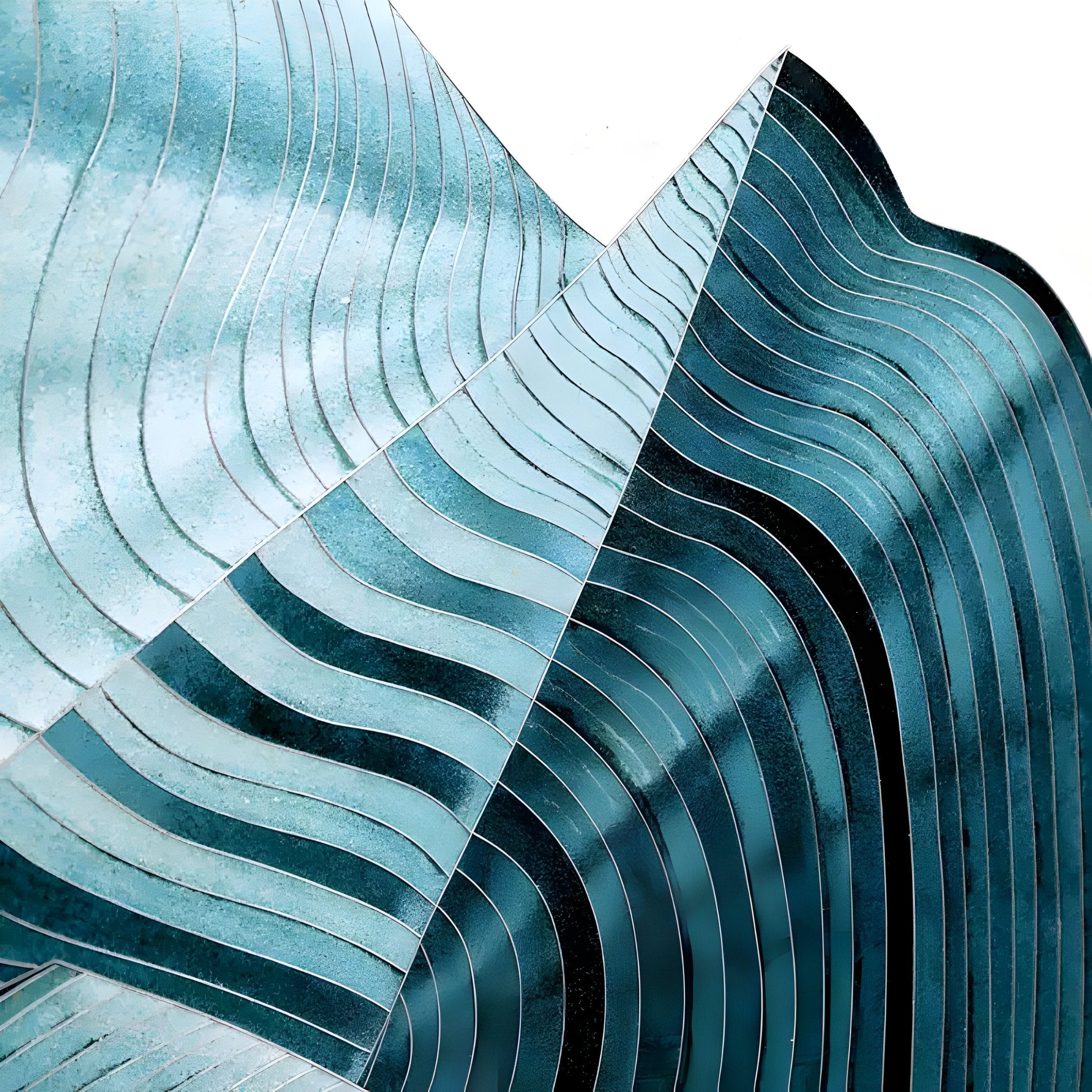 The Giant Sculptures Vortex Blue Spiral wall art features silver and copper wire enamel, creating abstract layered curves in teal and white that resemble undulating waves or blue spirals on a plain background.