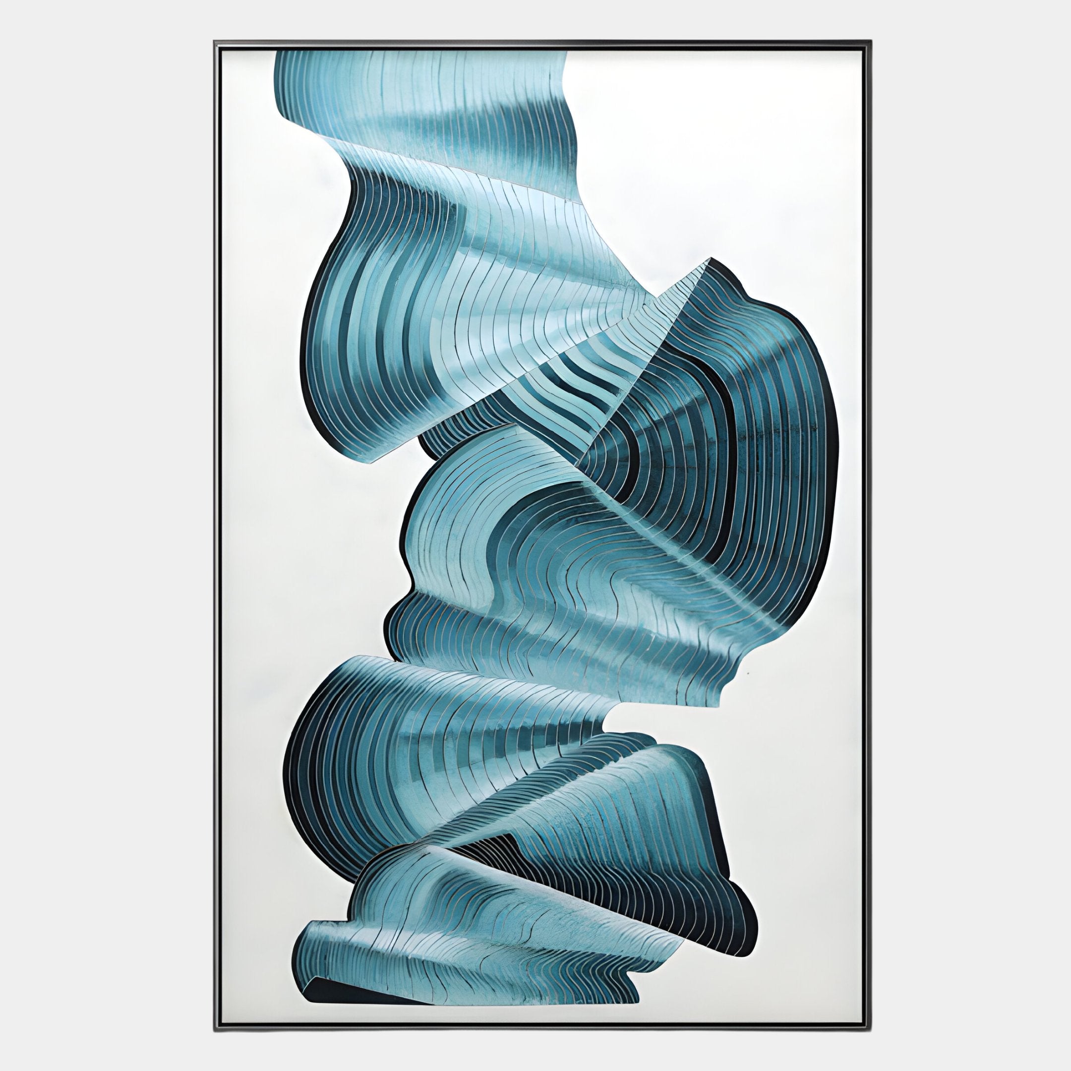 The Vortex Blue Spiral Silver Copper Wire Enamel Abstract Wall Art by Giant Sculptures features layered curved blue and black lines in a twisting spiral, evoking Cloisonné enamel on white with a slim black frame.