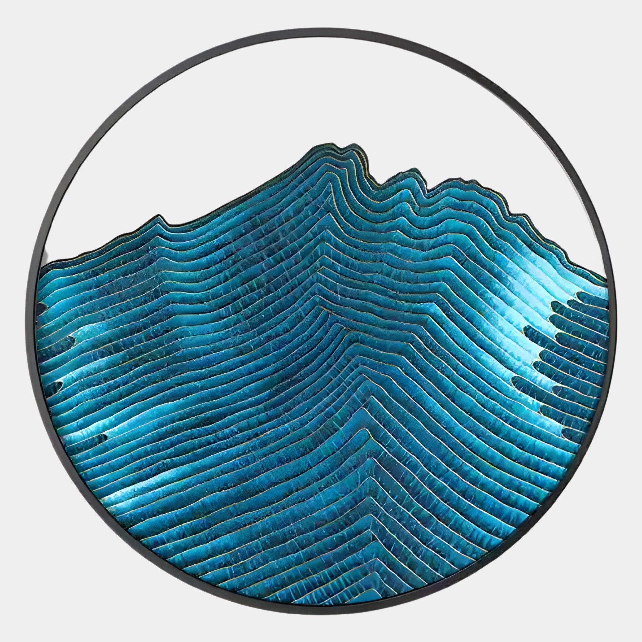 Auric III Blue Wave Abstract Copper Wire Enamel Round Wall Art by Giant Sculptures features wavy blue lines like topographic contours, forming a striking 3D effect within a black circular frame.