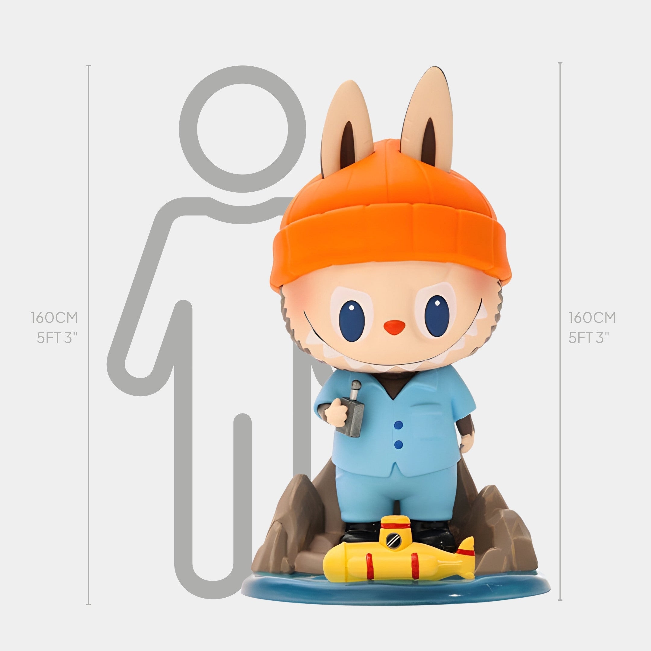 The Submarine Explorer Labubu Sculpture - 160cm by Giant Sculptures features Labubu with rabbit ears, an orange hat, blue suit, standing on rocks beside a yellow submarine. A 160cm (5ft 3in) silhouette shows its scale.