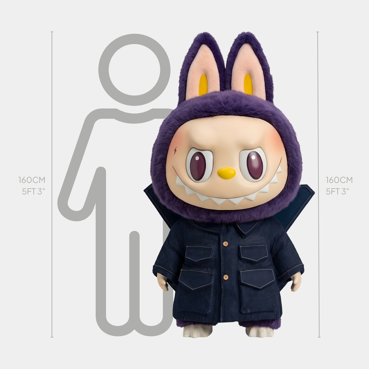 The Monster Fantasy Wings Labubu Sculpture in purple fur and navy jacket, 160cm, shown beside a human silhouette for scale on a plain grey background.