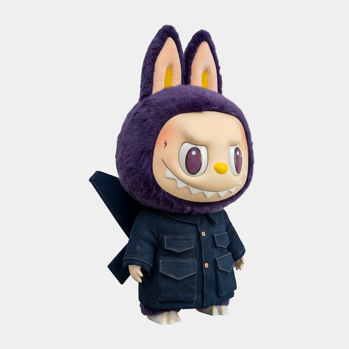 The Monster Fantasy Wings Labubu Sculpture, 160cm, with purple fur bunny ears, sharp-toothed grin, and navy jacket, shown on a plain white background.