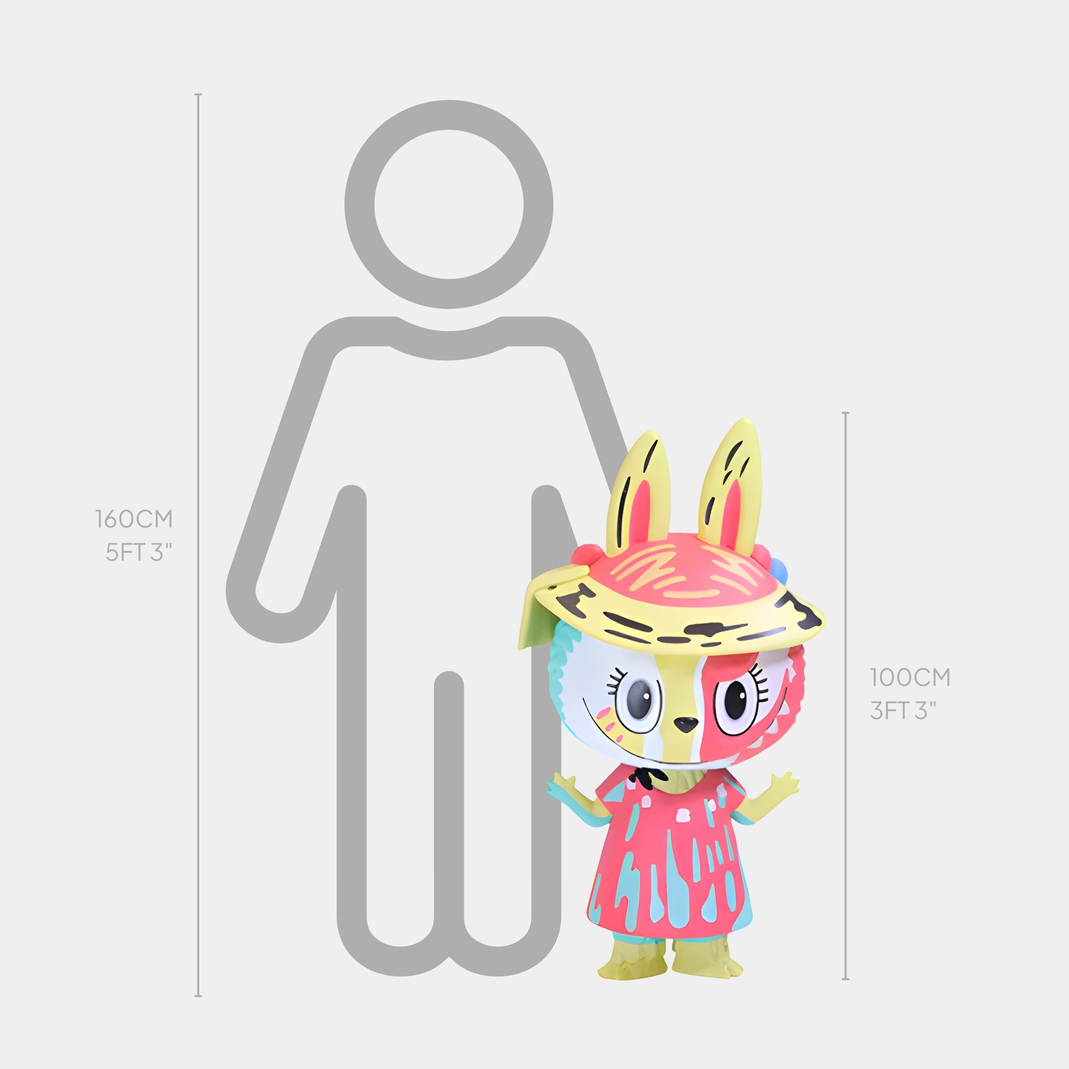 The Giant Sculptures Art History Pop Abstract Labubu Sculpture - 100cm, a colorful bunny toy inspired by Cubist paintings, stands 100 cm tall next to a 160 cm person outline for size comparison.