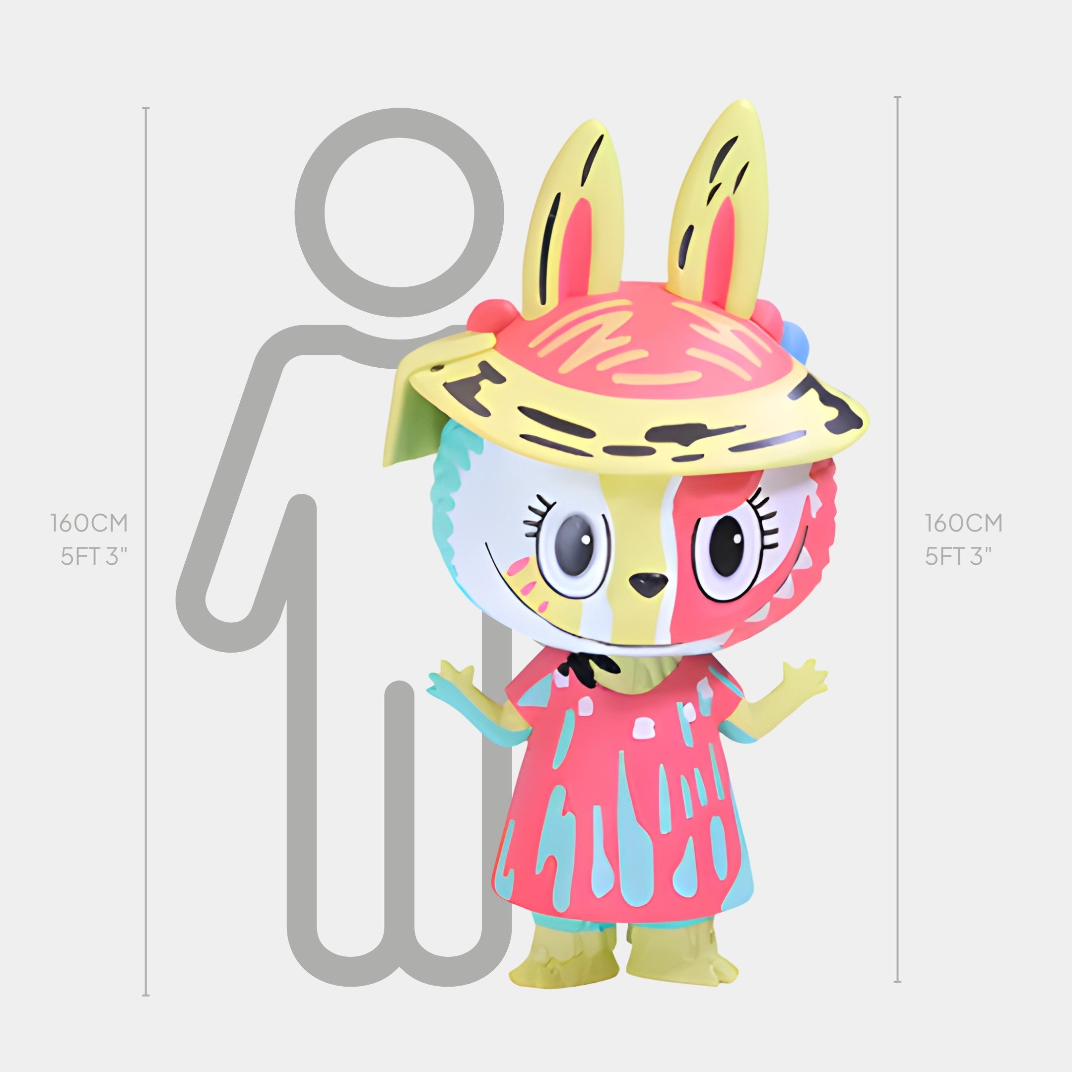 The Art History Pop Abstract Labubu Sculpture by Giant Sculptures stands 160cm tall. Displayed before a grey silhouette for scale, the colorful rabbit sports a large hat and pastel-pattern Pop Art dress in a cartoon-inspired design.