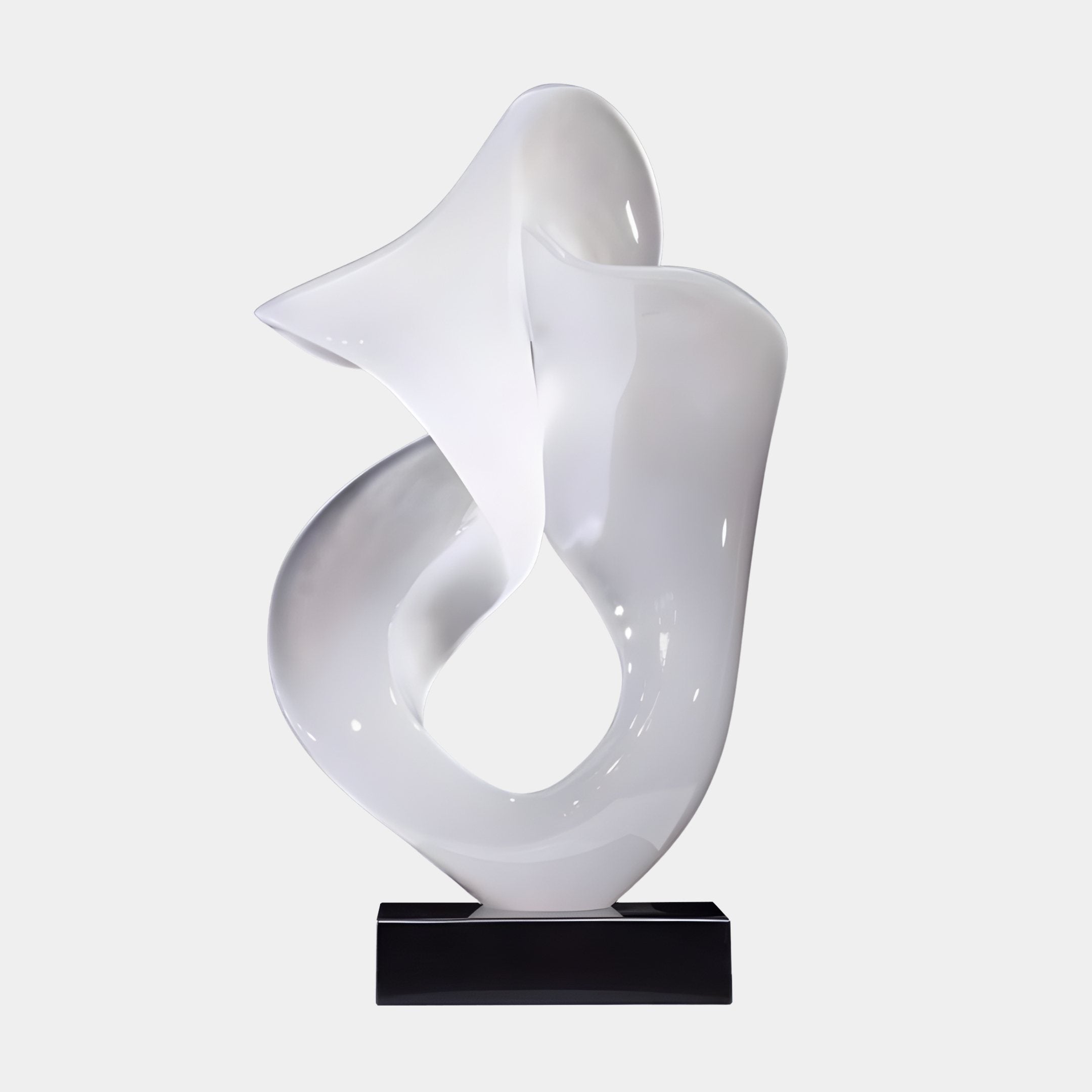 Fold Crest White Abstract Jade Sculpture by Giant Sculptures, glossy pearlescent white twin crested folds curling into a looped base on a black plinth.