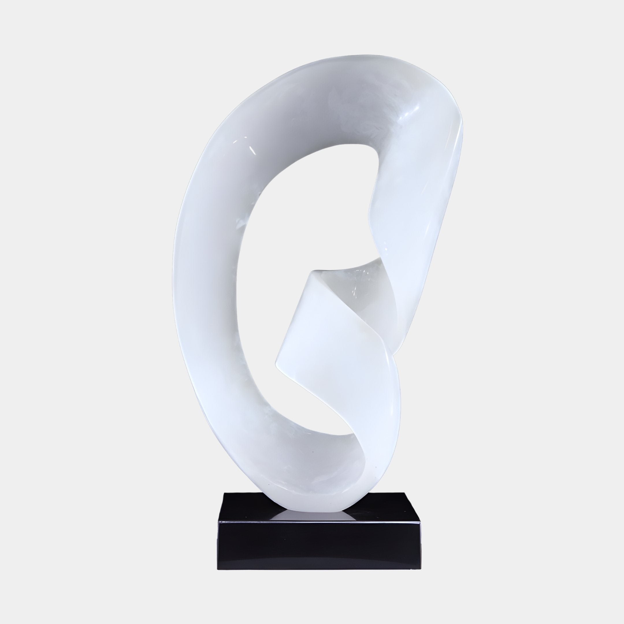 Infinite Loop White Abstract Jade Sculpture 64cm by Giant Sculptures, a glossy pearlescent ribbon forming a teardrop loop with a central fold on a black plinth.