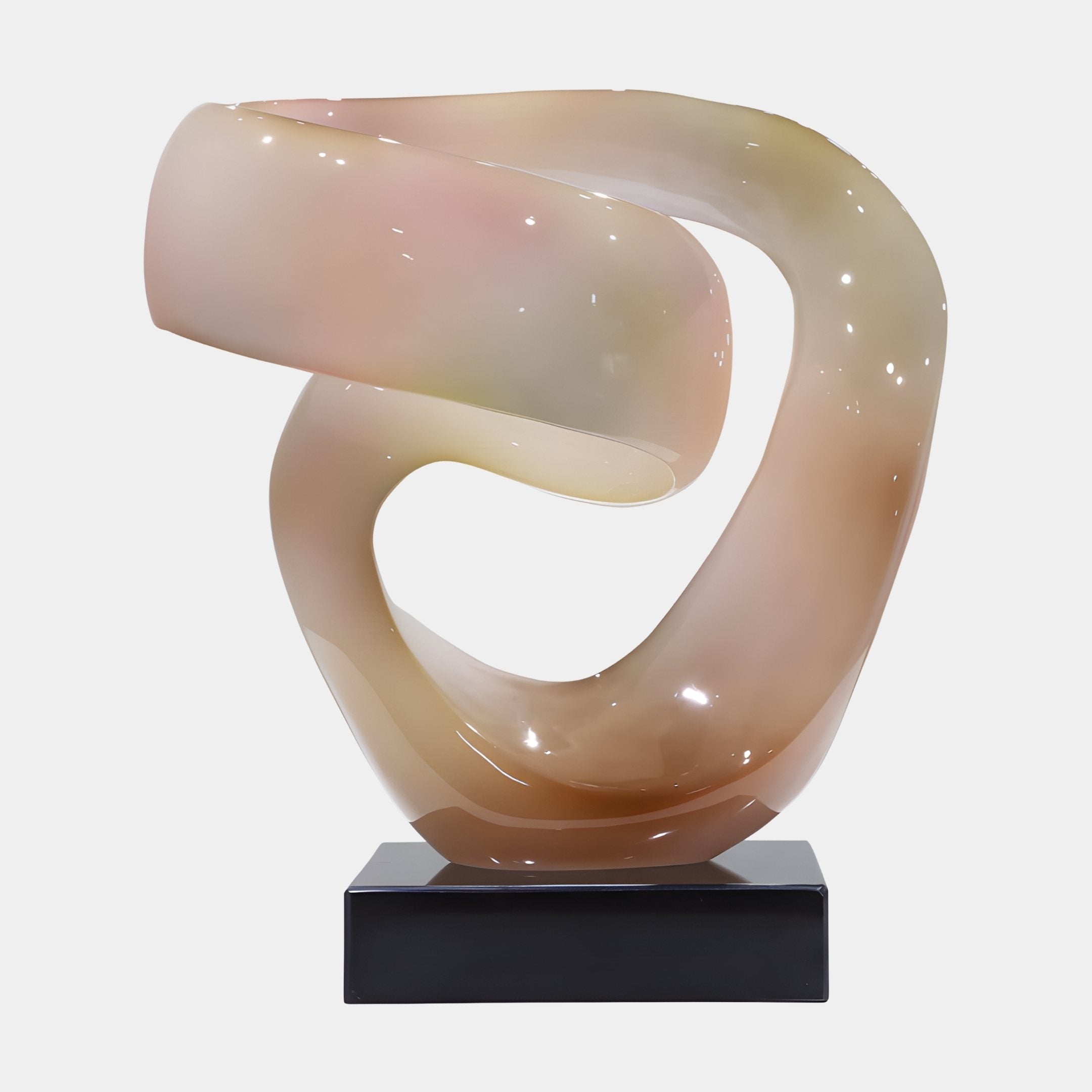 Eternal Swirl Rose Abstract Jade Sculpture in glossy rose-pink and pearl tones, formed as a continuous ribbon enclosing a central void, on a black plinth.