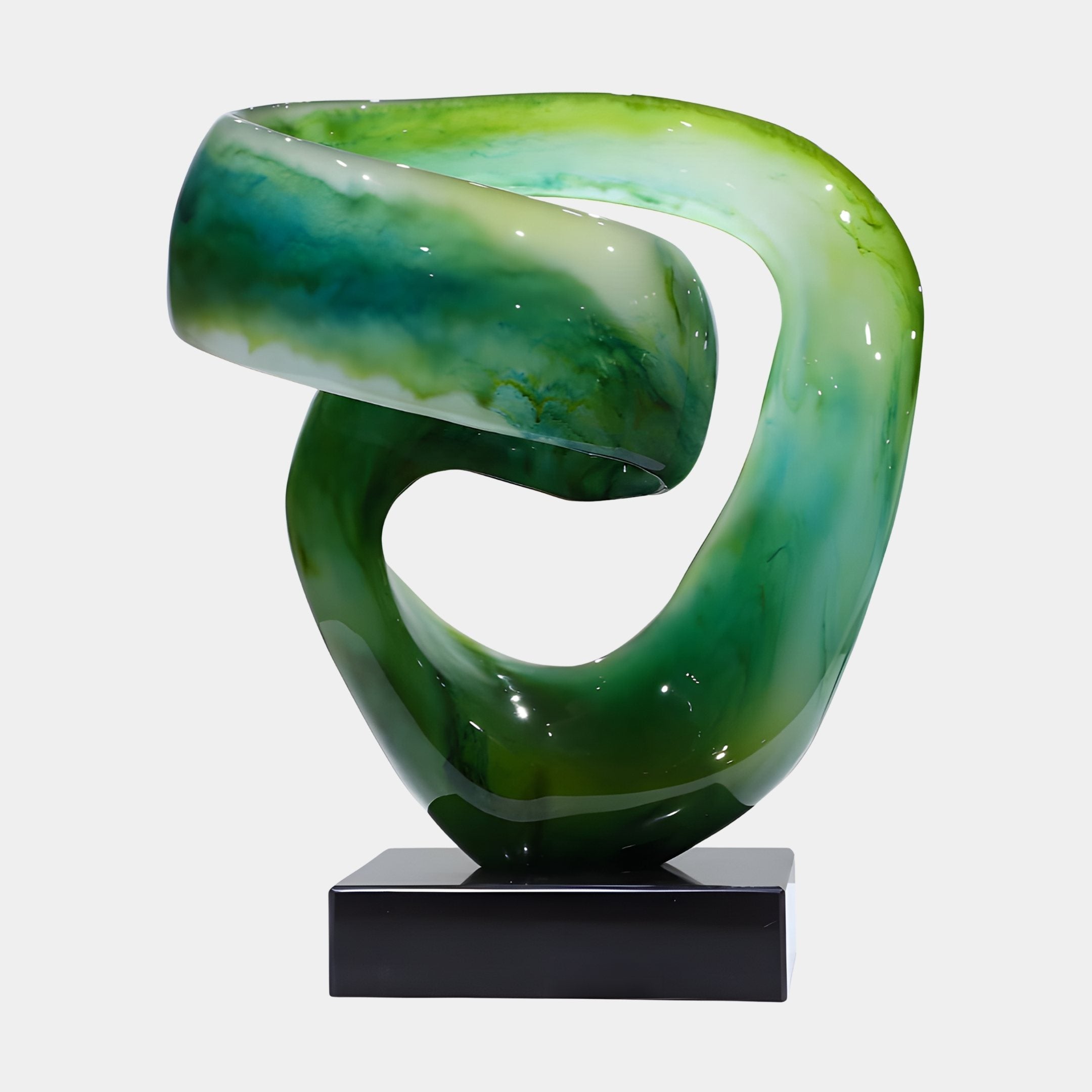 Eternal Swirl Forest Green Abstract Jade Sculpture by Giant Sculptures, a 51cm ribbon-like form with translucent green veining on a black plinth.