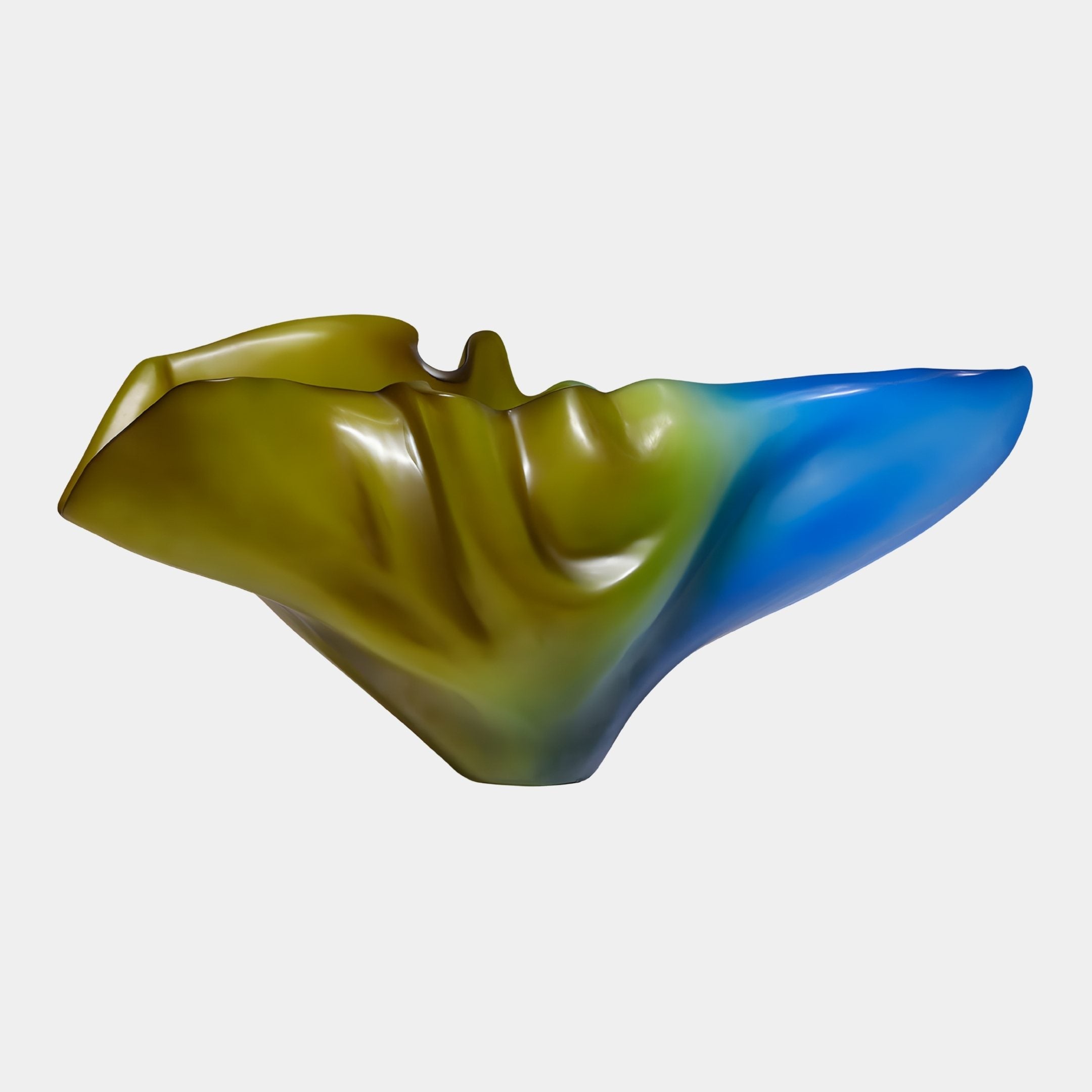 Ocean Petal Olive Blue Abstract Bowl from Giant Sculptures, a low fluted petal-form resin bowl with olive-green rim flowing into cobalt blue, on a plain background.