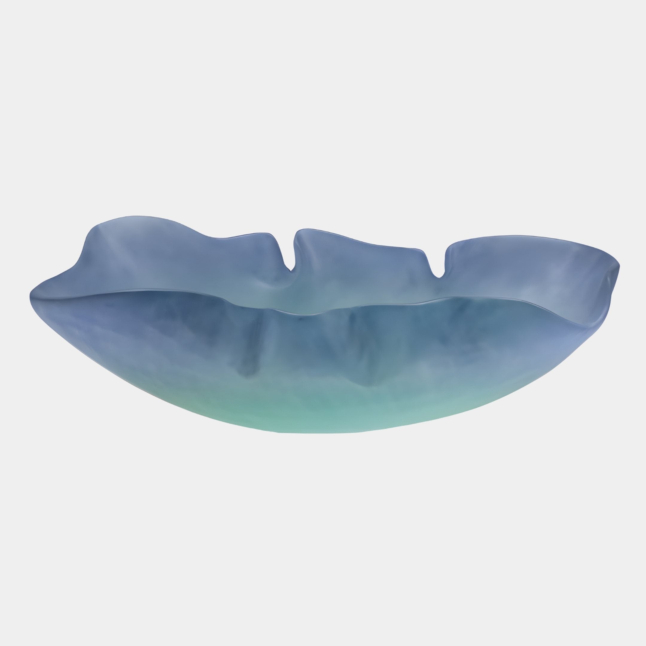 Ocean Petal Mist Blue Abstract Bowl from Giant Sculptures, a low fluted petal-form resin bowl with a misty blue-to-teal gradient, shown on a plain background.
