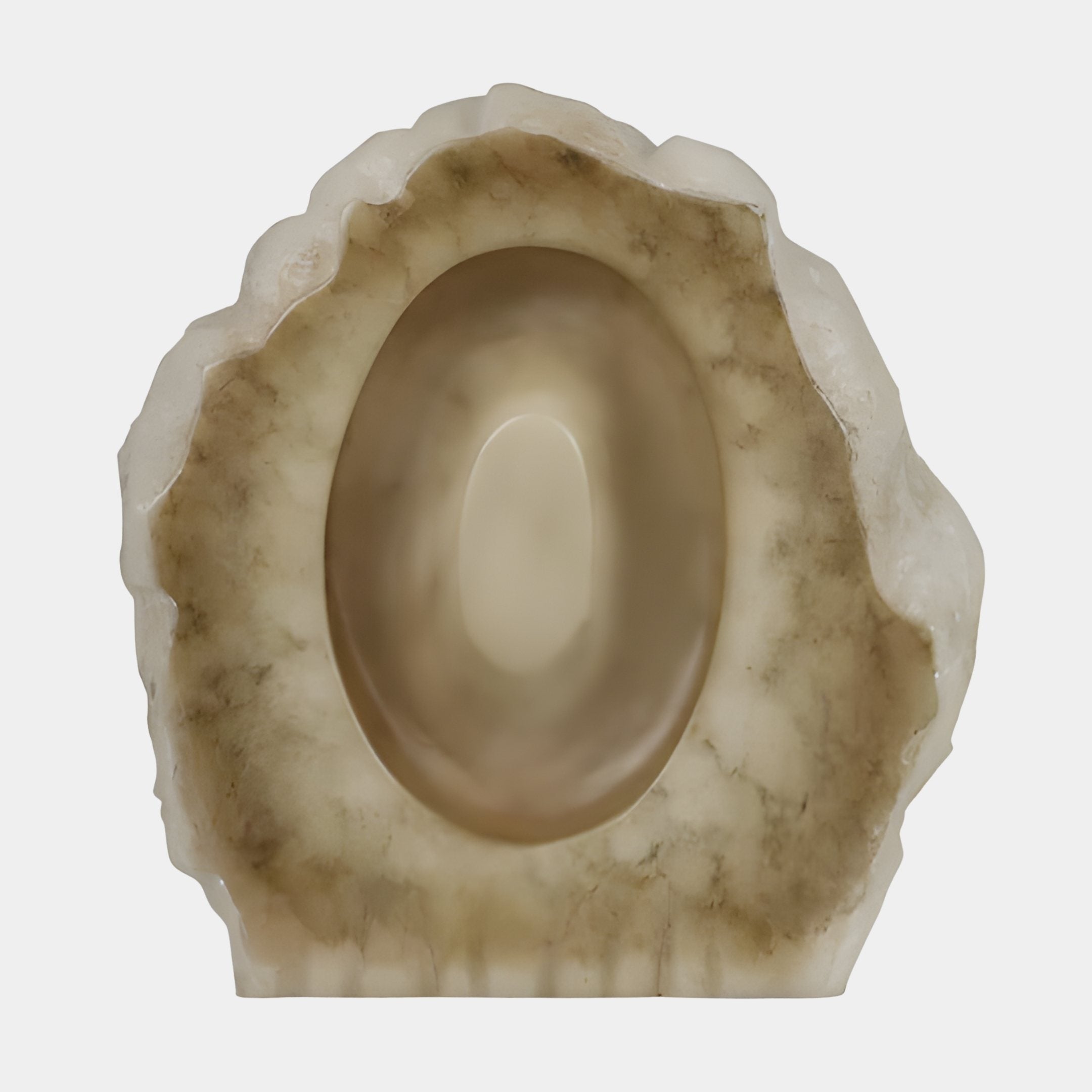 Grotto Eye Ivory Abstract Jade Sculpture by Giant Sculptures, front view showing rocky ivory alabaster frame with brown veining around a polished concave oval recess.