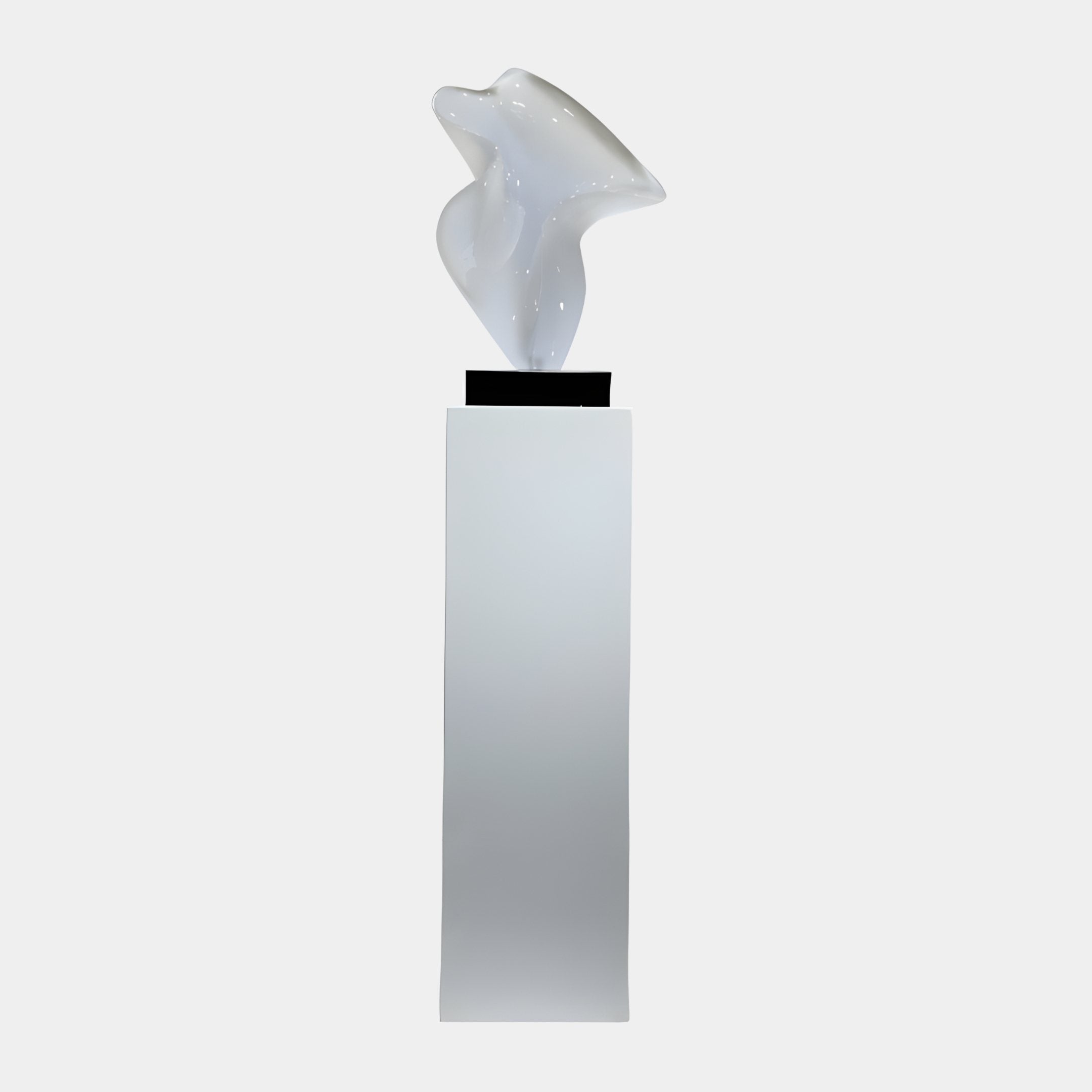 Petal Float White Abstract Jade Sculpture by Giant Sculptures, glossy pearlescent curling petal form on a black plinth atop a tall white column, plain background.