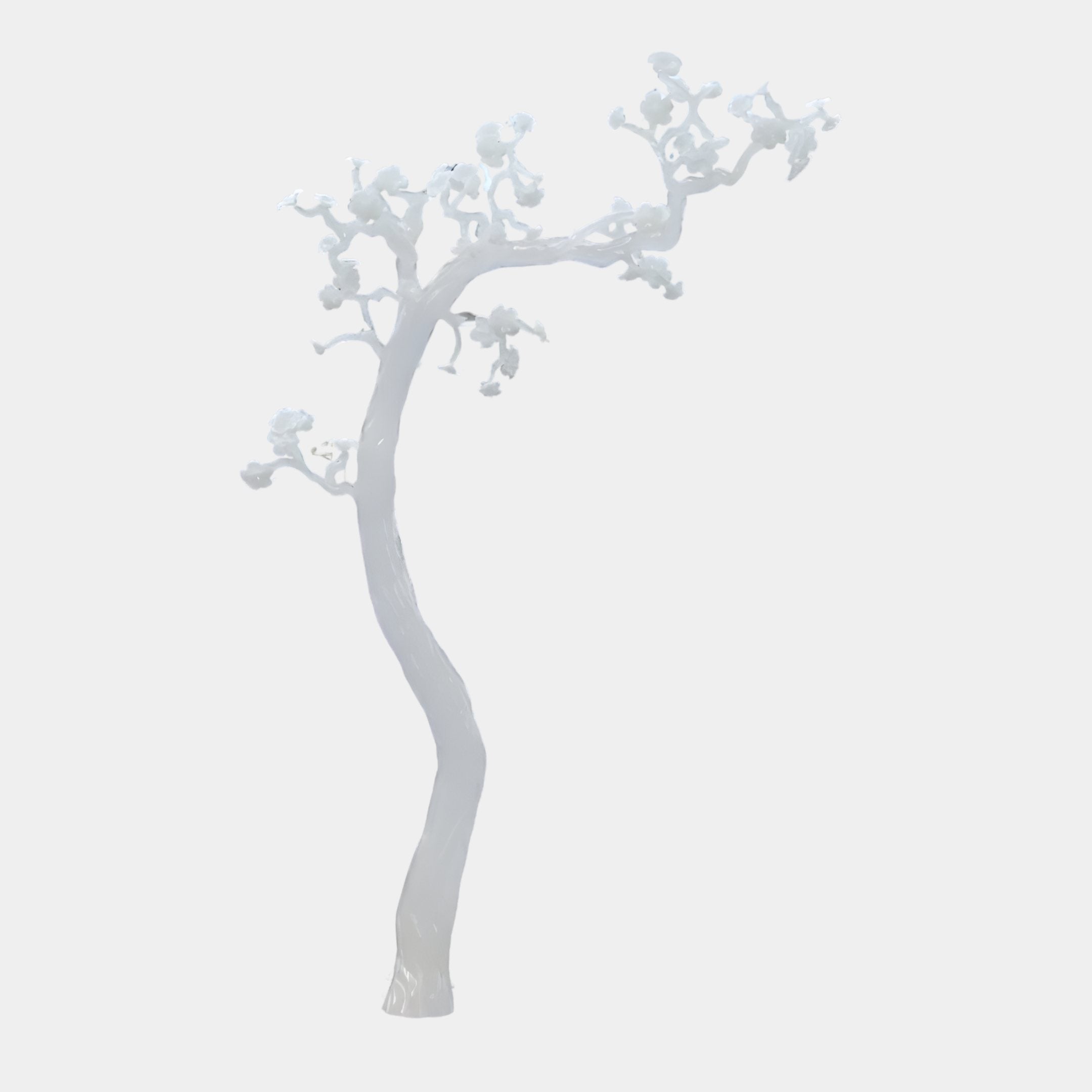 Blossom Branch White Abstract Jade Sculpture by Giant Sculptures, 233cm tall with a curving glossy white trunk rising into clusters of buds, on a plain background.