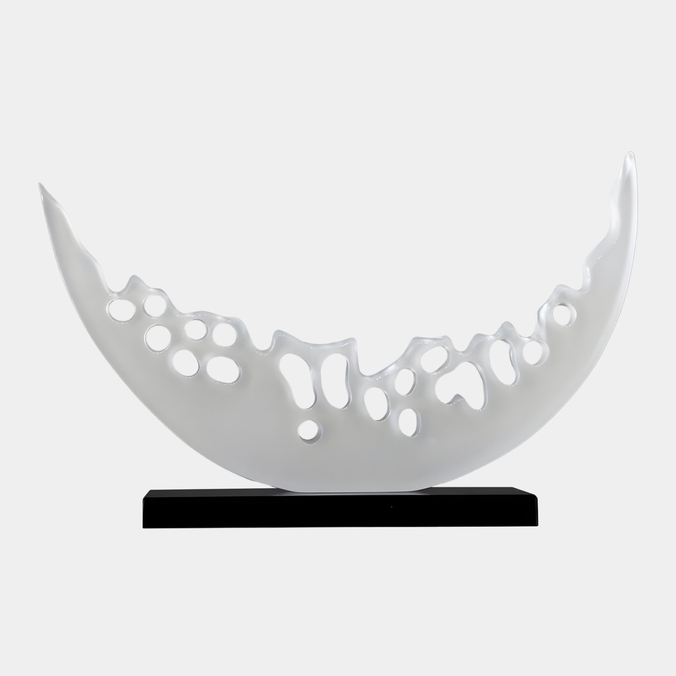 Crescent Lace White Abstract Jade Sculpture by Giant Sculptures, a pearl-white crescent vessel with openwork lace cutouts on a black plinth, shown against a plain background.