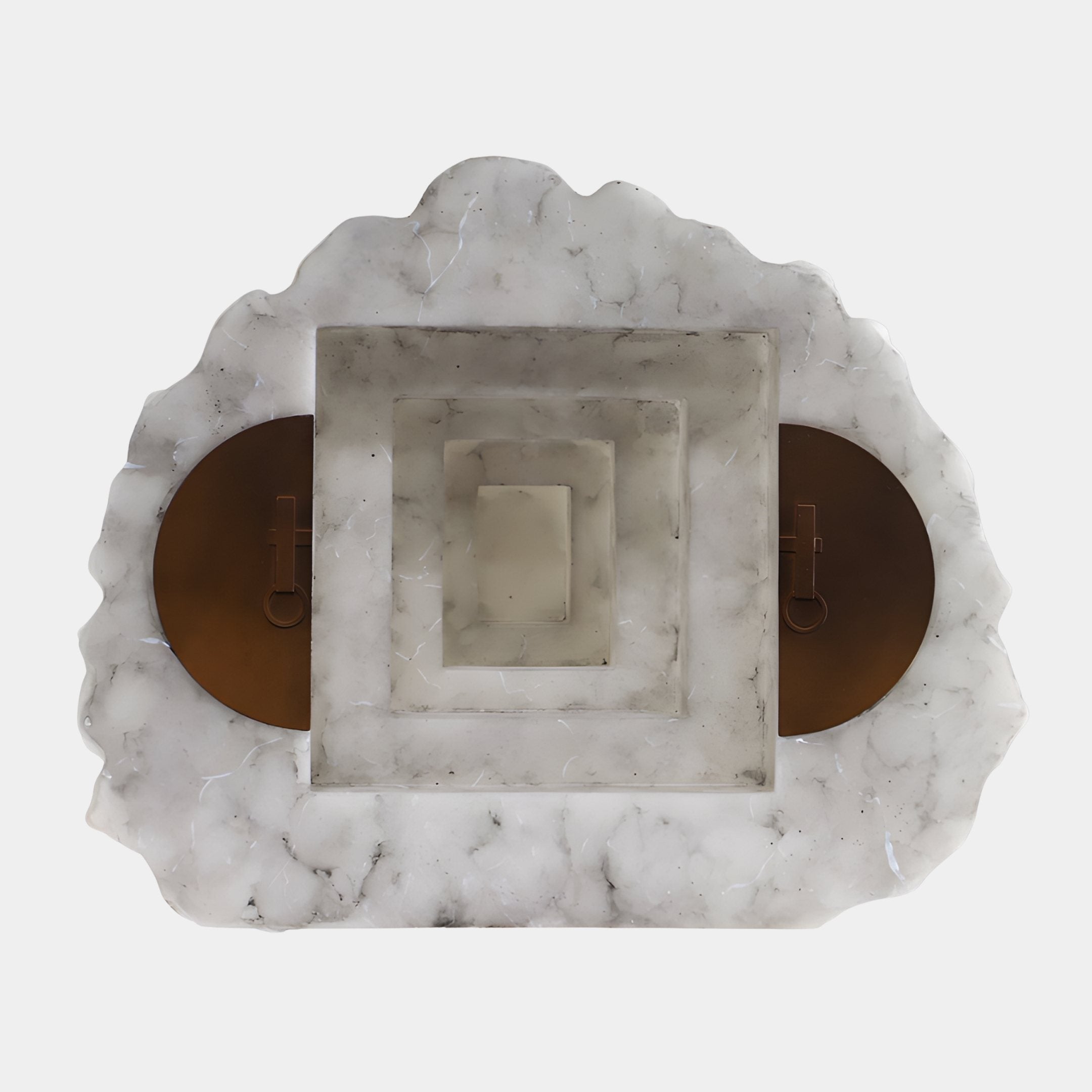 Grotto Eye White Abstract Jade Sculpture by Giant Sculptures, featuring stepped square voids flanked by two bronze circular discs in a marbled white frame.