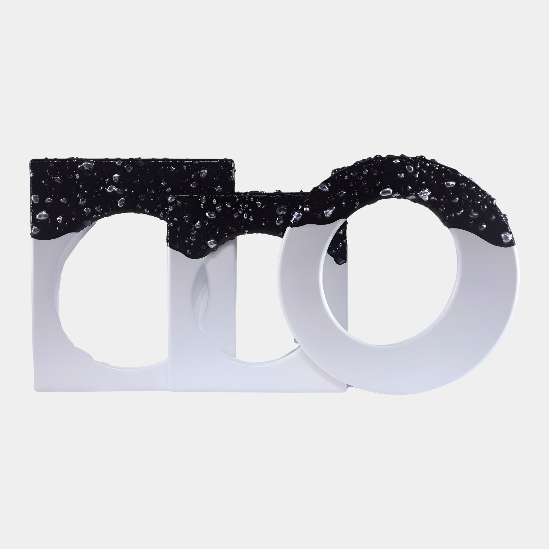 Lava Arch Black White Abstract Sculpture by Giant Sculptures, 55cm, glossy white square and circular forms topped with textured black lava-gravel crown.