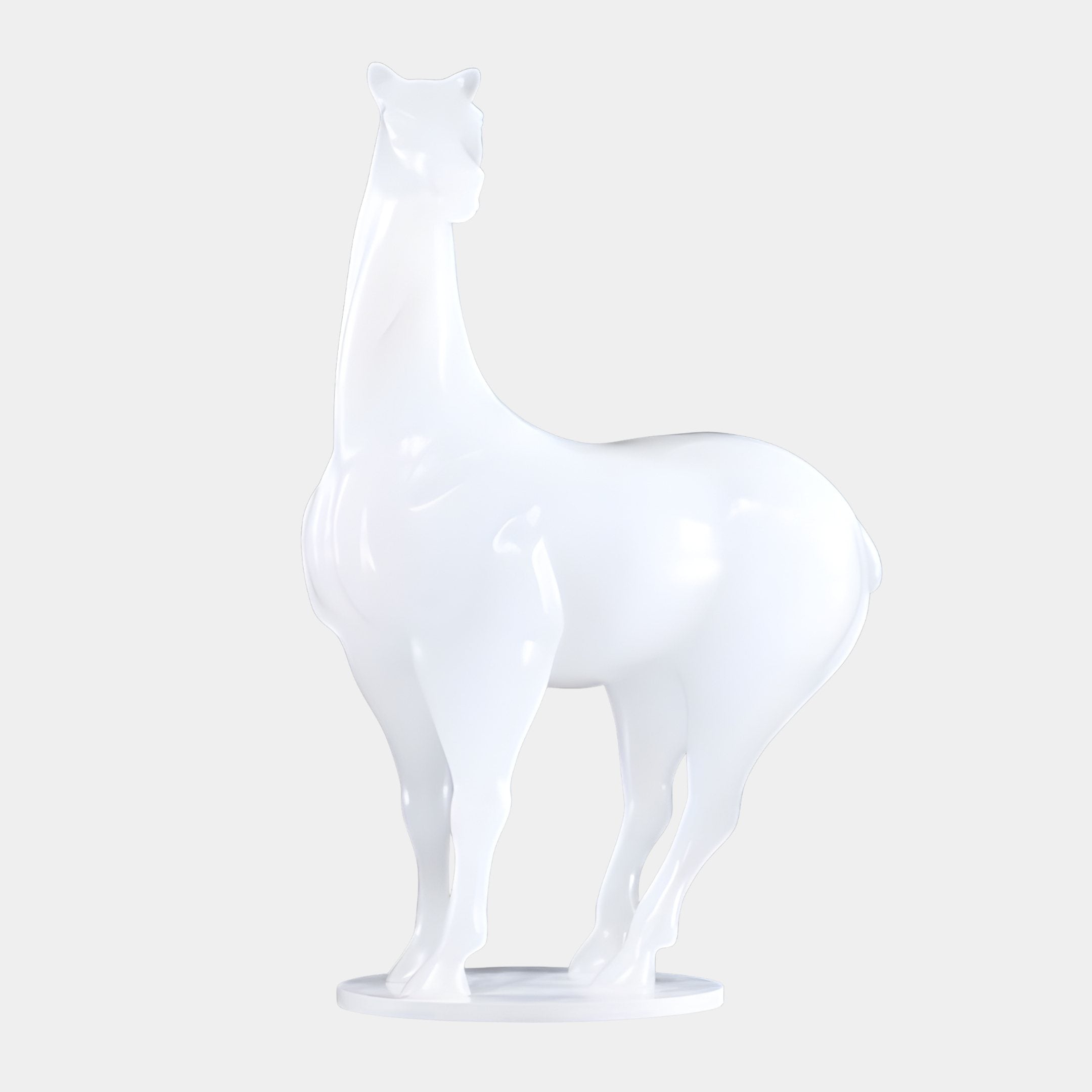 Alpine Llama White Abstract Jade Sculpture 96cm by Giant Sculptures, a glossy pearlescent stylised llama on an oval base, shown side-on against a plain background.