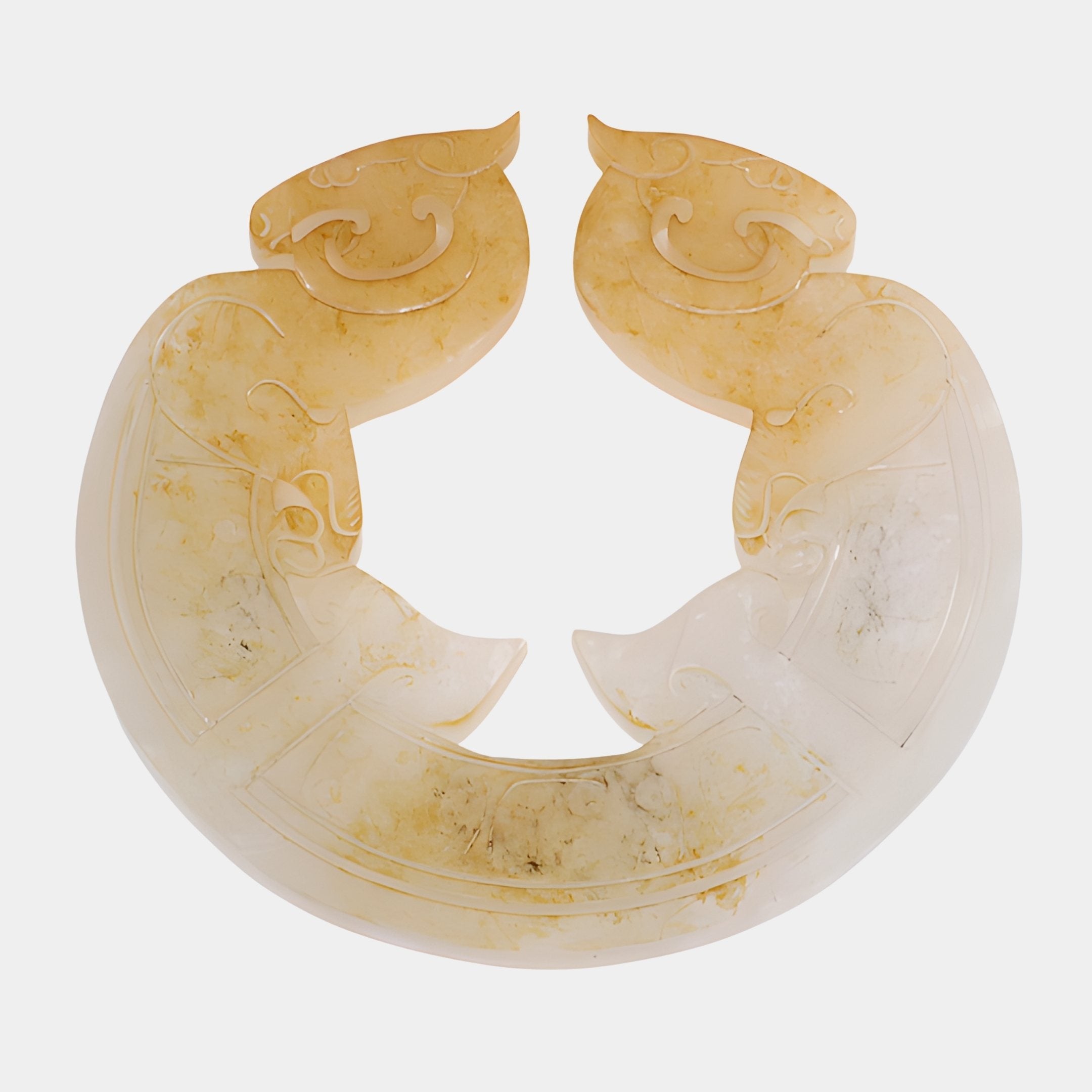 Twin Dragon Arc Honey Carved Jade Ornament by Giant Sculptures, a 45cm C-shaped jade arc with facing dragon heads and engraved scrolls, on white.